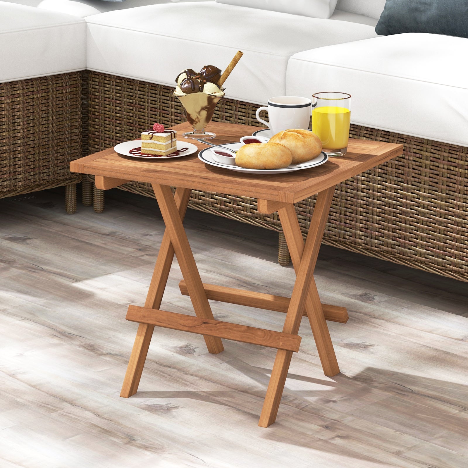Square Patio Folding Table Indonesia Teak Wood with Slatted Tabletop Portable for Picnic