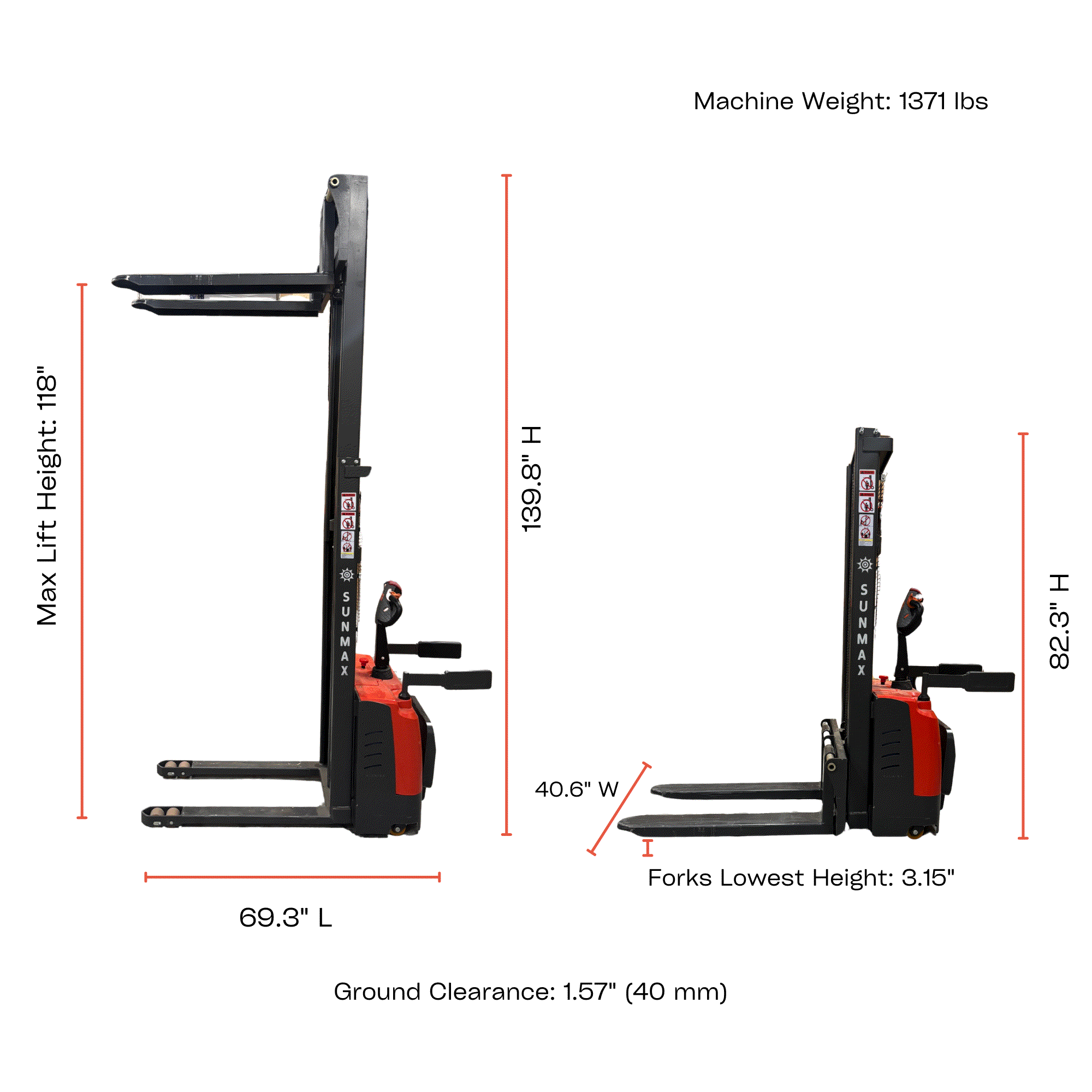 PS3300FE-3M Electric Pallet Stacker, 3300 lbs Capacity, 118″ Lifting Height, Work with Open-bottom Pallets