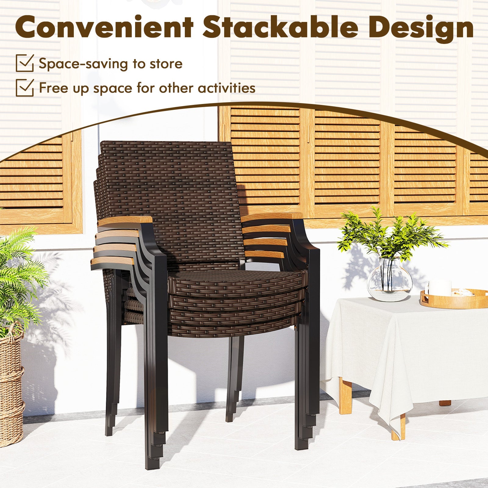 Stacking Wicker Chairs Set of 2 Patio Rattan Dining Chairs with Acacia Wood Armrests