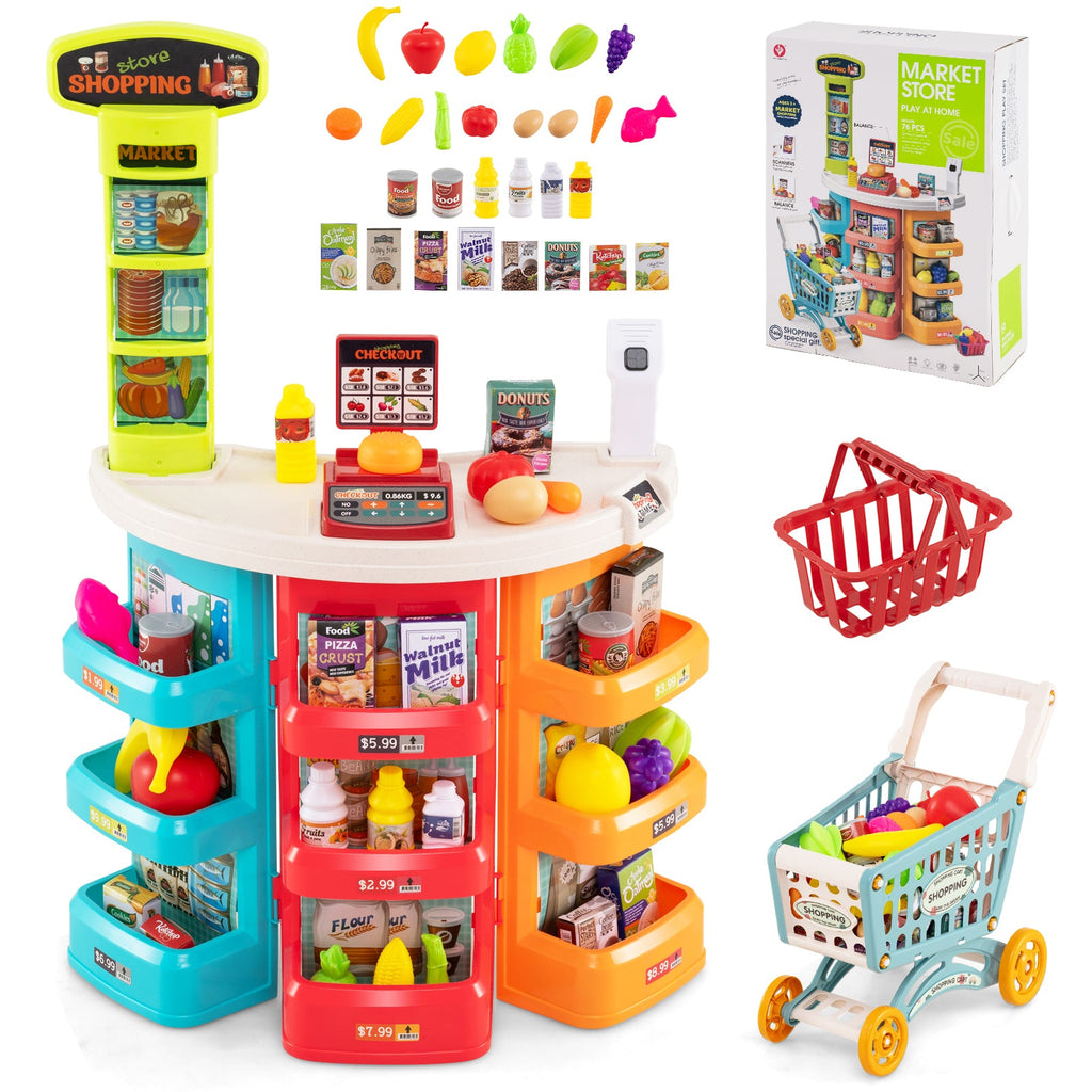 Supermarket Playset for Kids 76 PCS Pretend Play Grocery Store Set with Shopping Cart