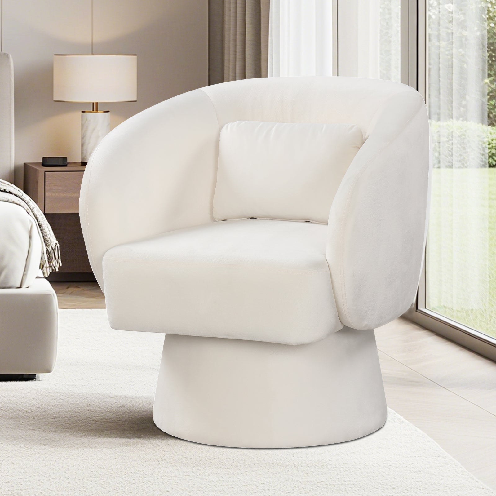 Swivel Accent Chair Upholstered Barrel Chair with Curved Back and Removable Lumbar Pillow