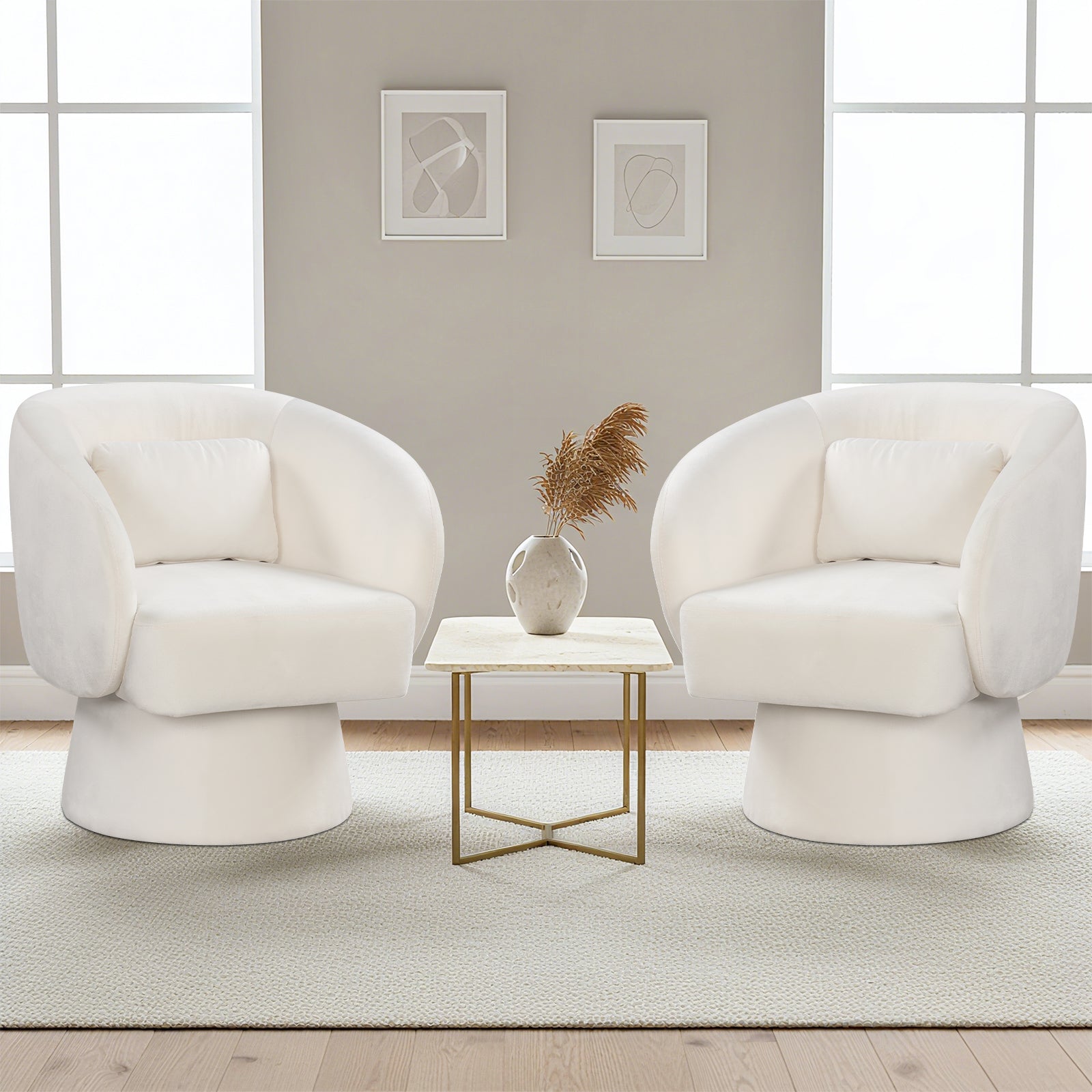 Swivel Accent Chair Upholstered Barrel Chair with Curved Back and Removable Lumbar Pillow