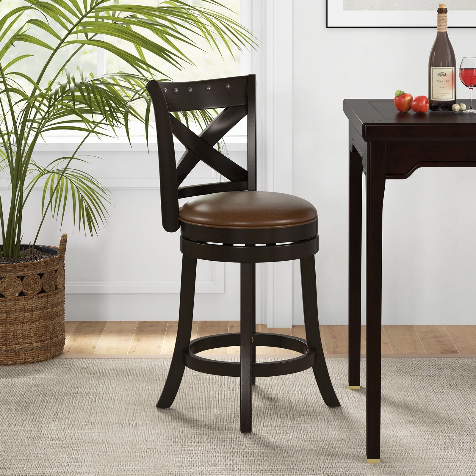 31 Inch Swivel Bar Stool with Curved Backrest PU Leather Seat and Footrest