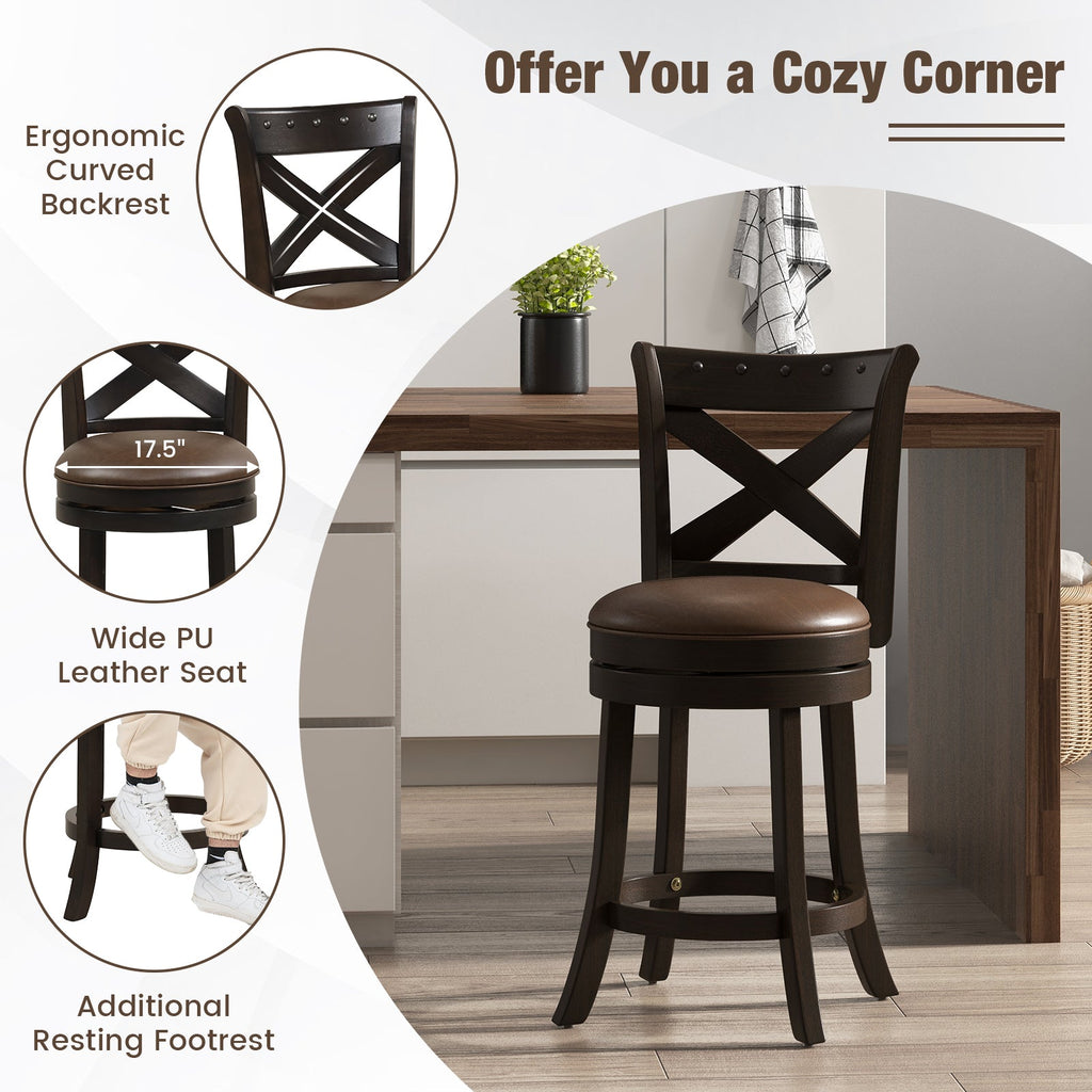 31 Inch Swivel Bar Stool with Curved Backrest PU Leather Seat and Footrest