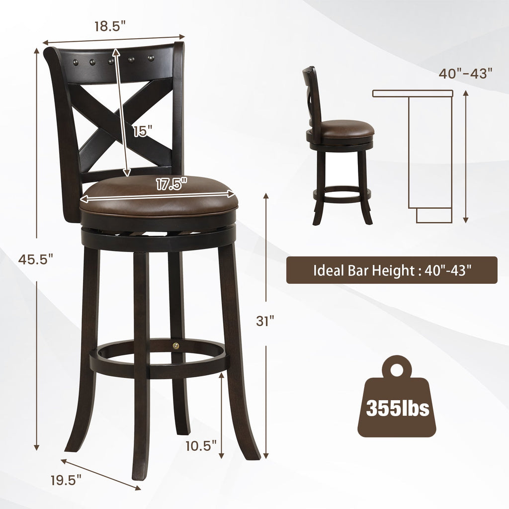 31 Inch Swivel Bar Stool with Curved Backrest PU Leather Seat and Footrest