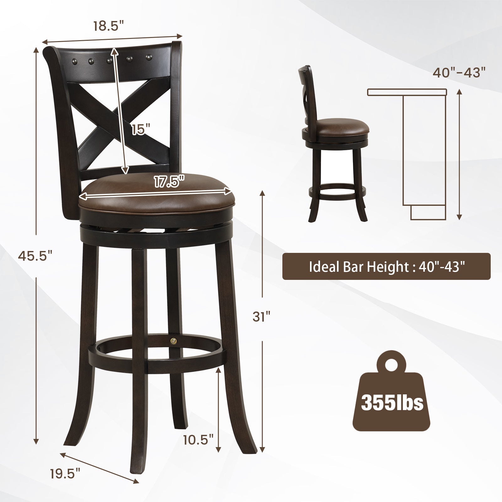 31 Inch Swivel Bar Stool with Curved Backrest PU Leather Seat and Footrest