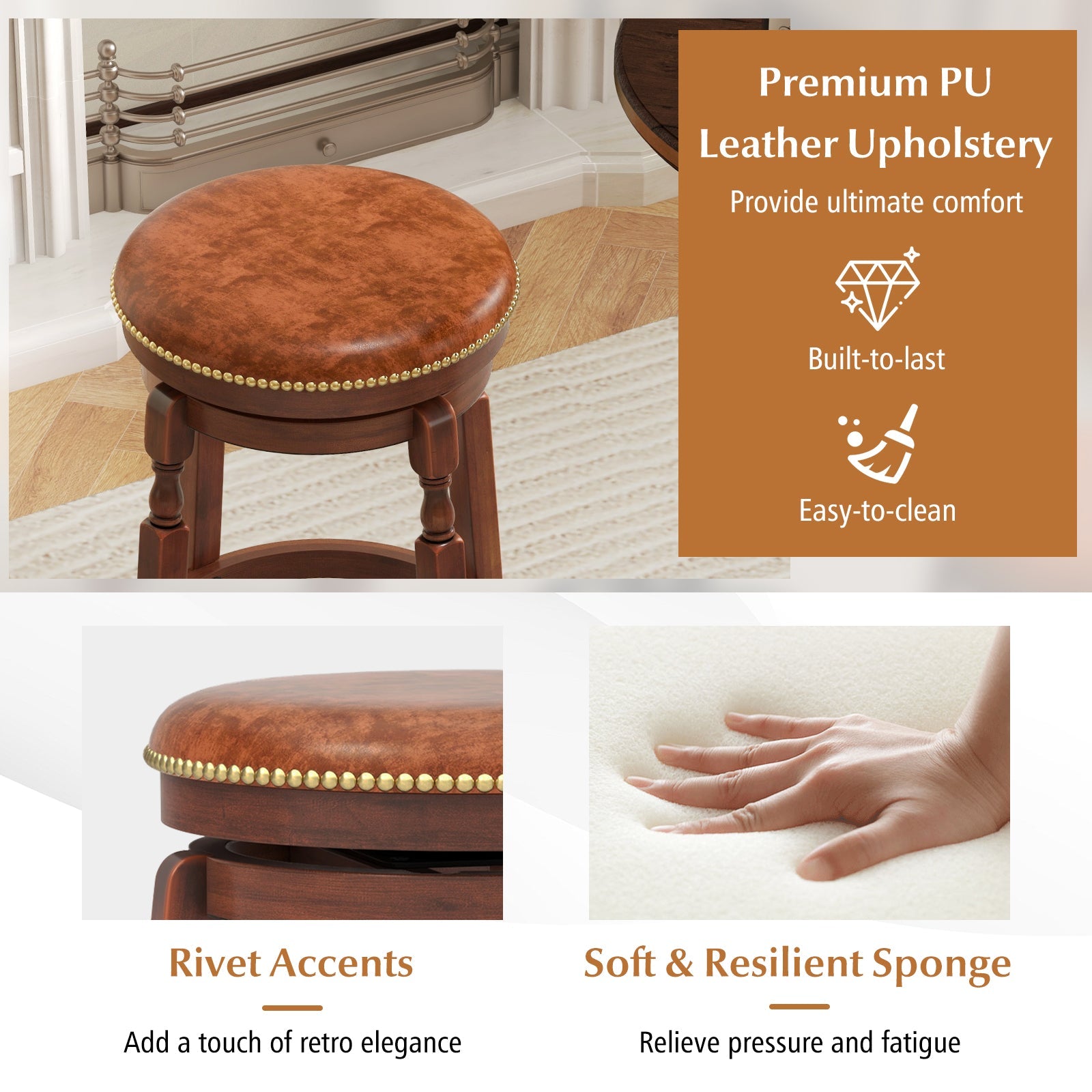 29 Inch Swivel Bar Stool Set of 2 with Upholstered Seat and Rubber Wood Frame-29 inches