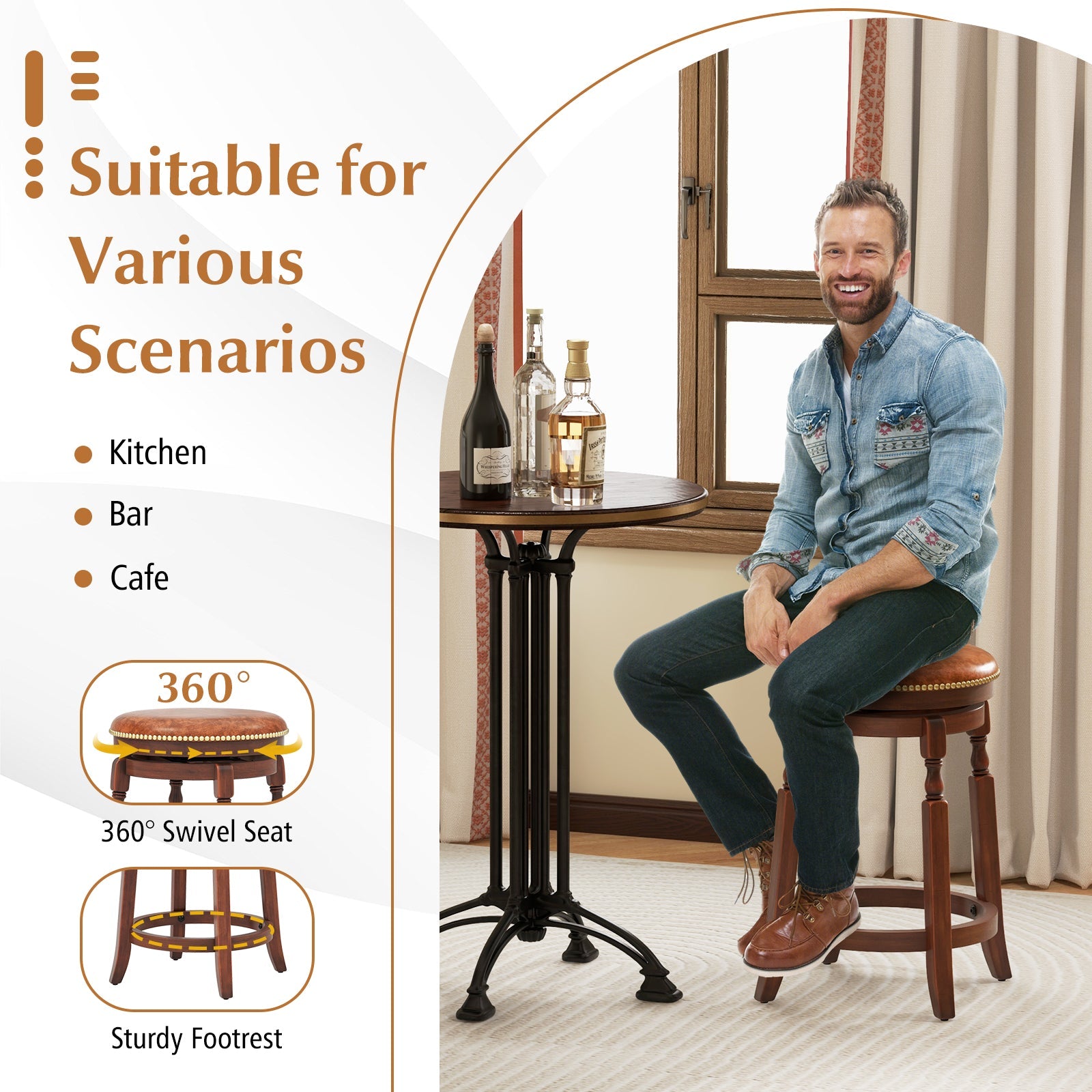 29 Inch Swivel Bar Stool Set of 2 with Upholstered Seat and Rubber Wood Frame-29 inches
