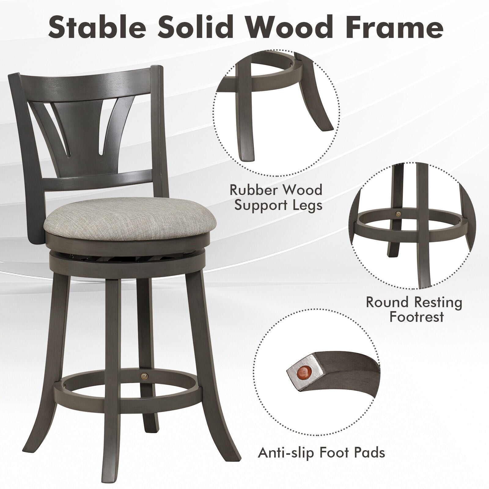 26.5 Inch Swivel Bar Stool with Backrest Soft Cushioned Seat and Footrest Gray
