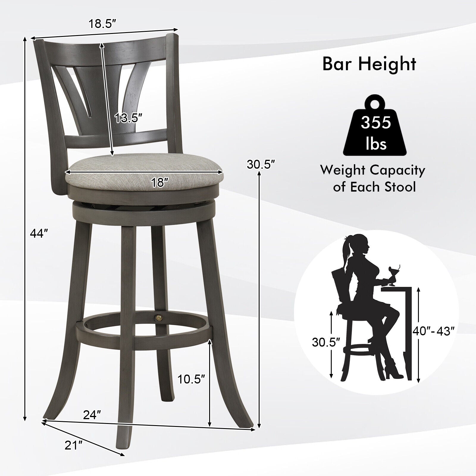 26.5 Inch Swivel Bar Stool with Backrest Soft Cushioned Seat and Footrest Gray
