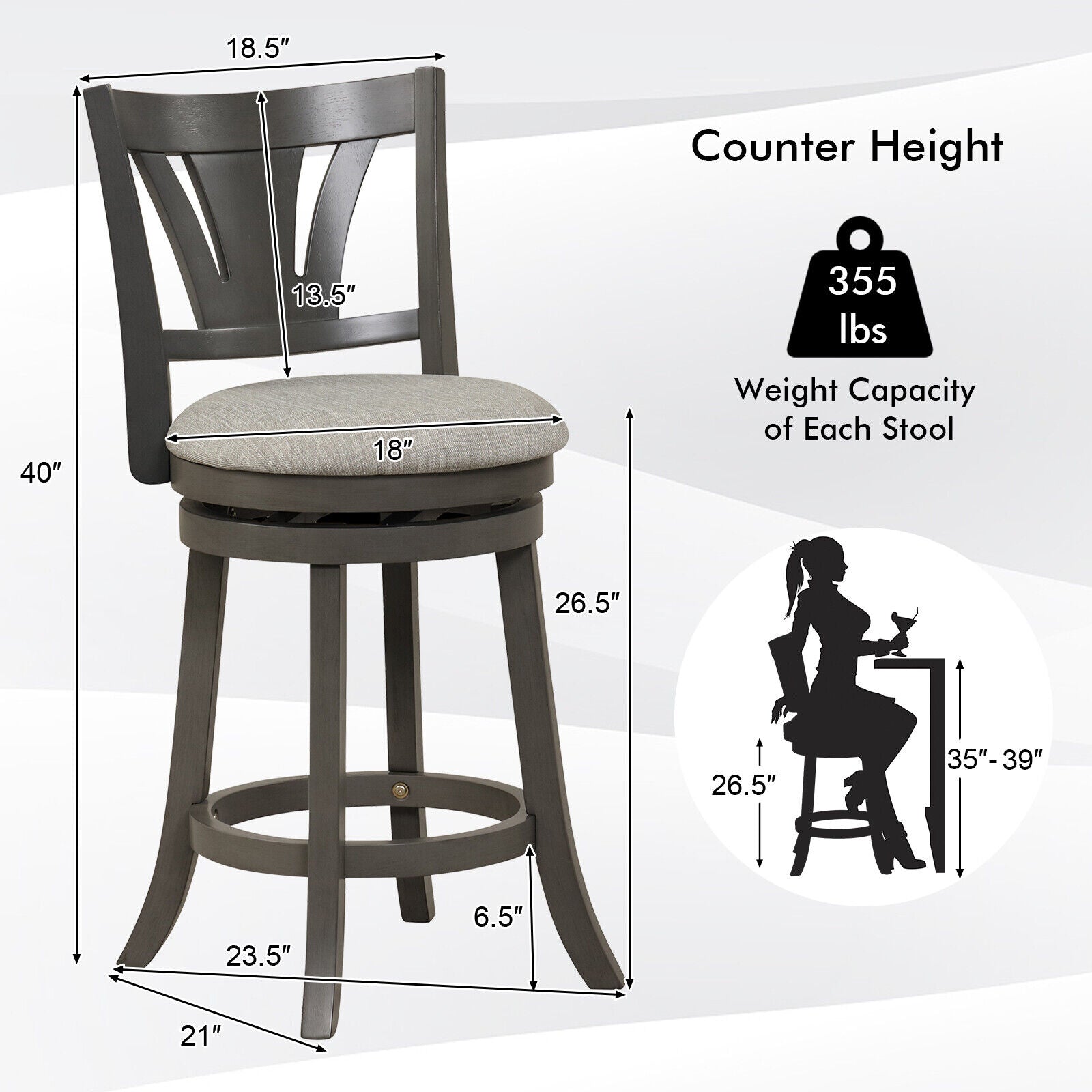 26.5 Inch Swivel Bar Stool with Backrest Soft Cushioned Seat and Footrest Gray