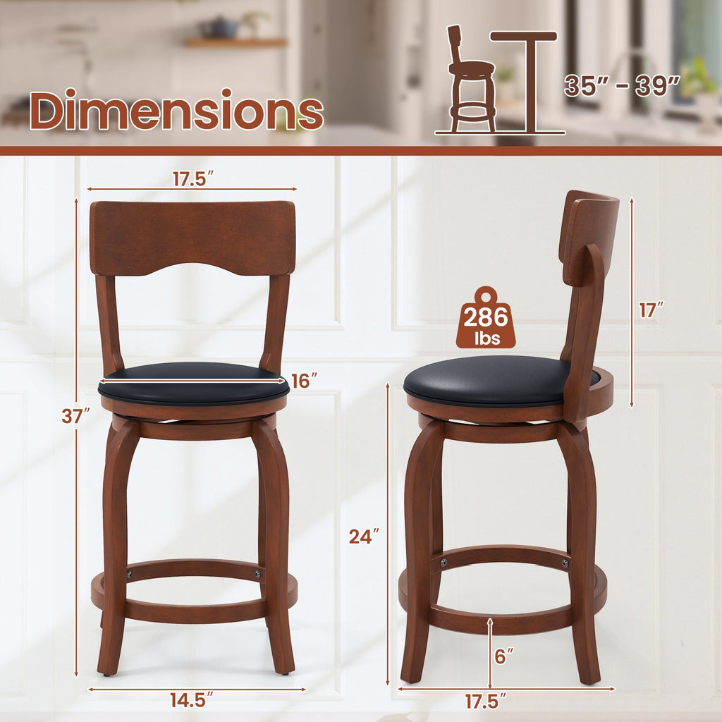 Swivel Bar Stools Set of 2 with Rubber Wood Frame and Upholstered Seat