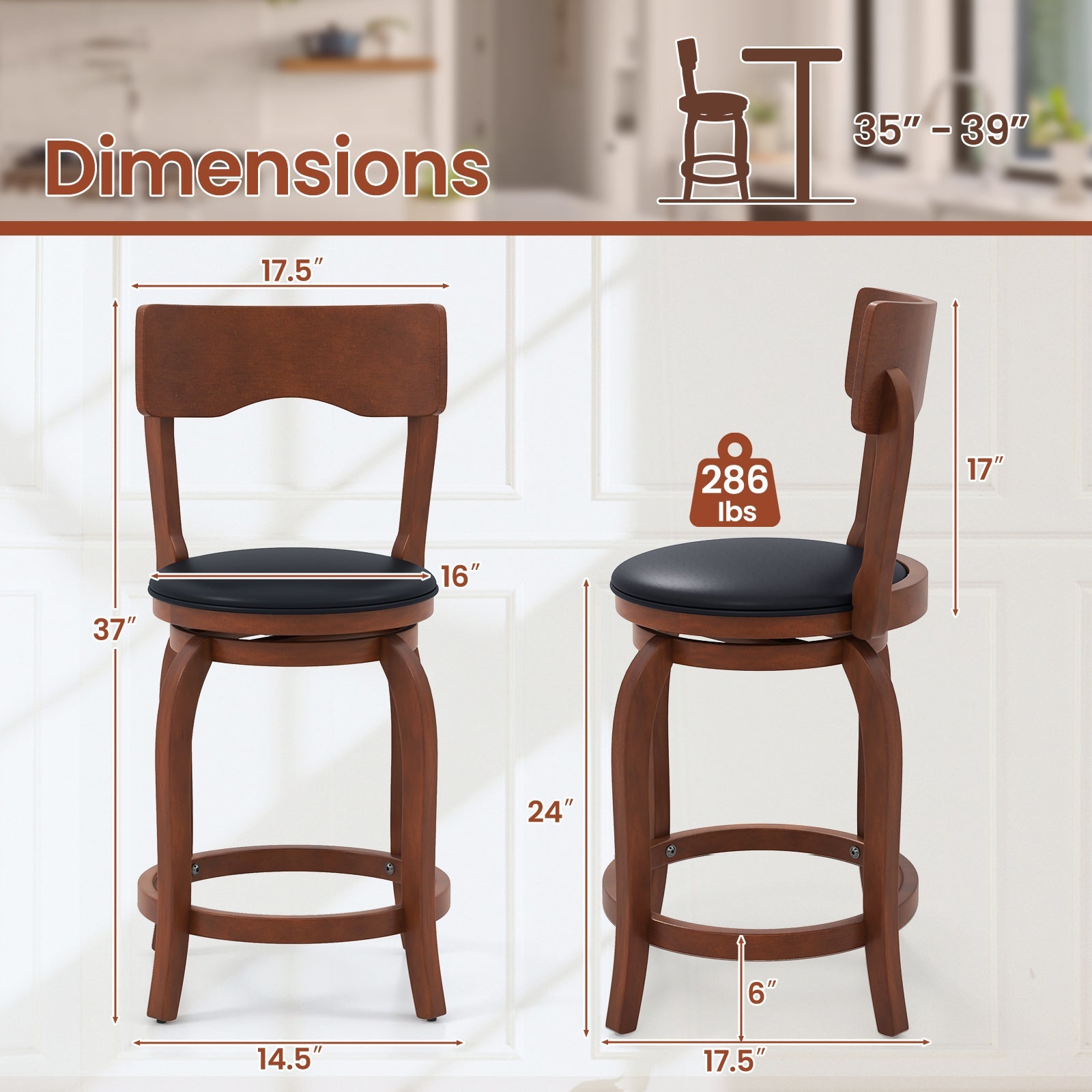 Swivel Bar Stools Set of 2 with Rubber Wood Frame and Upholstered Seat
