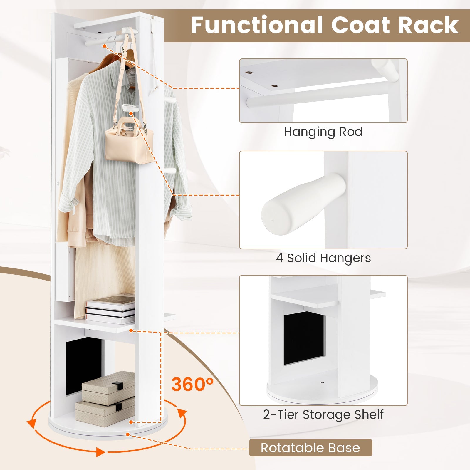360-Degree Swivel Jewelry Cabinet Armoire with Full Length Mirror and Coat Rack-White
