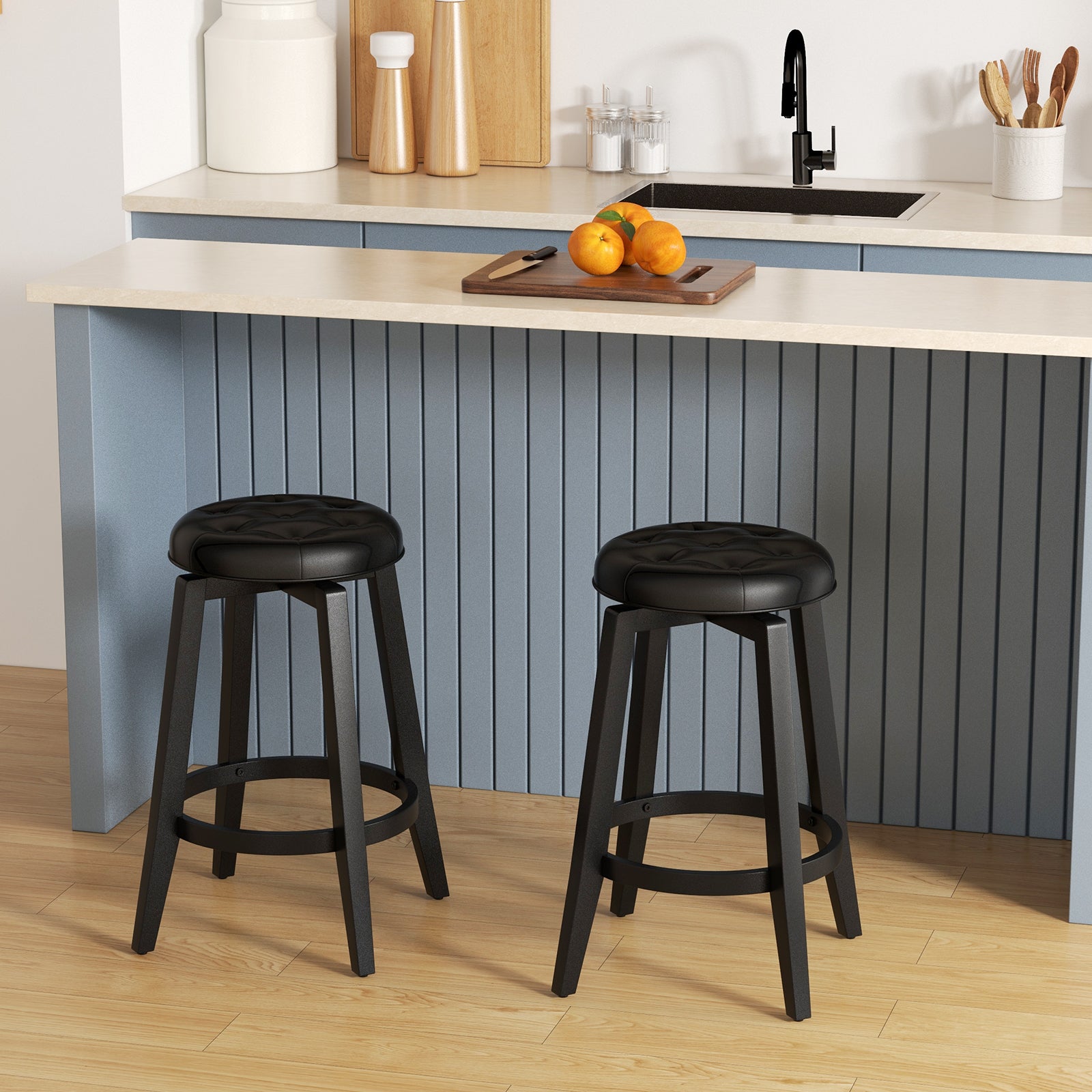 360¬∞ Swivel Upholstered Rubberwood Frame Bar Stool Set of 2 with Footrest