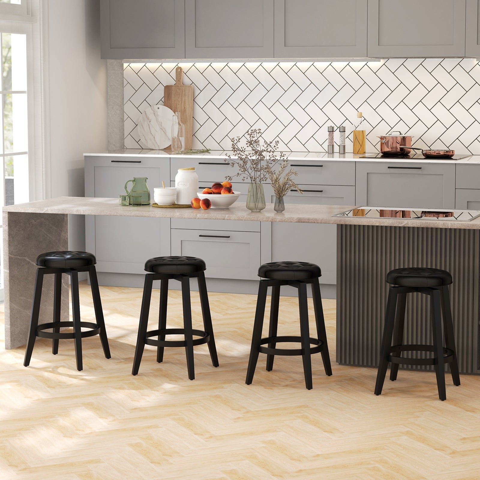 360¬∞ Swivel Upholstered Rubberwood Frame Bar Stool Set of 2 with Footrest