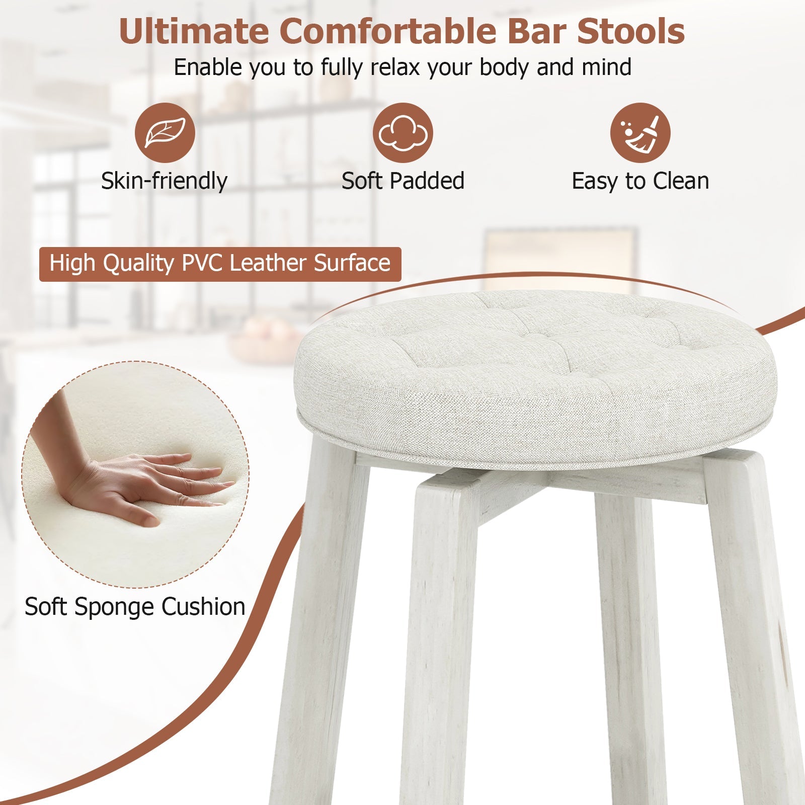 360-Degree Swivel Upholstered Rubberwood Frame Bar Stool Set of 2 with Footrest