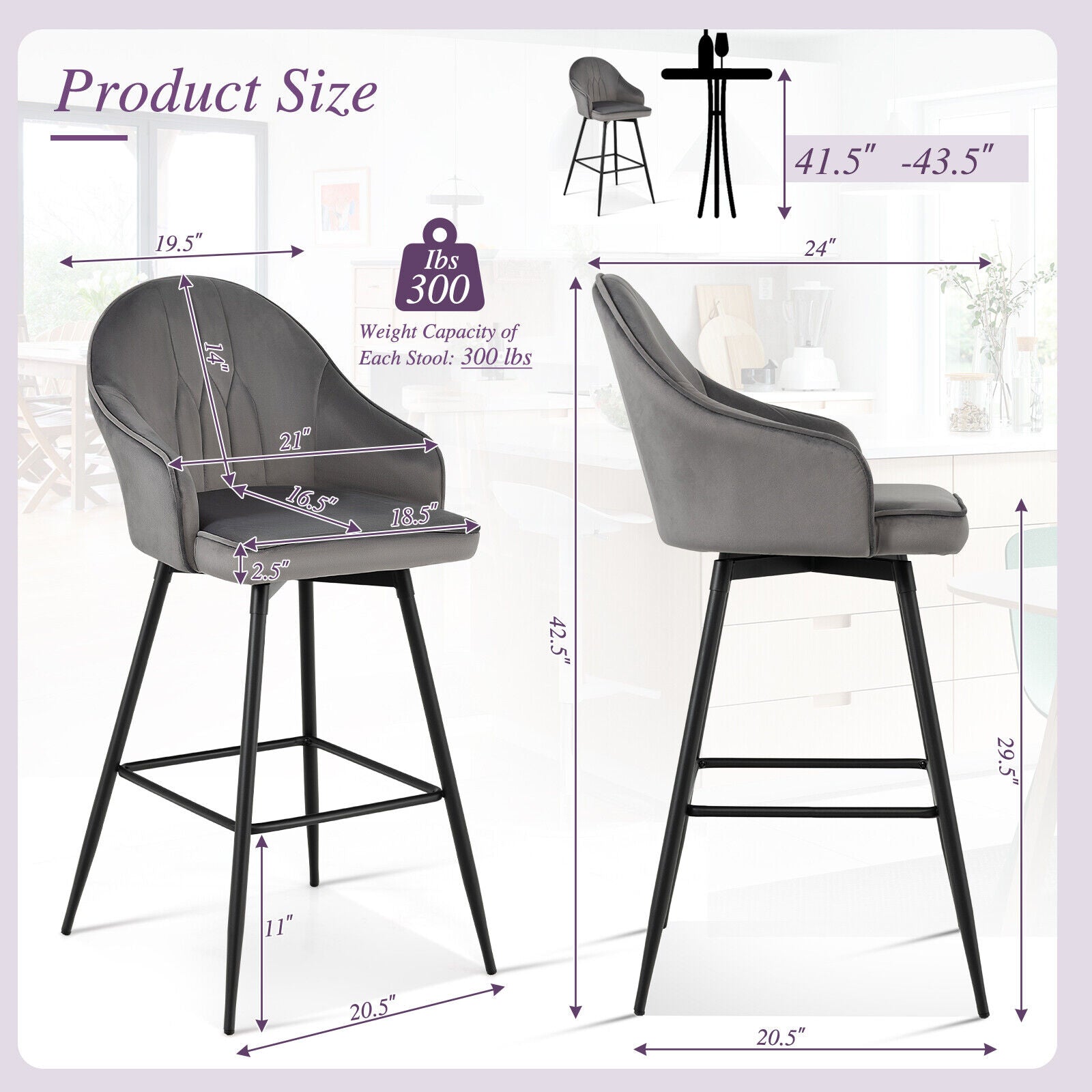 2 Pieces 29.5 Inch Pub Height Swivel Velvet Bar Stools with Metal Legs-Gray