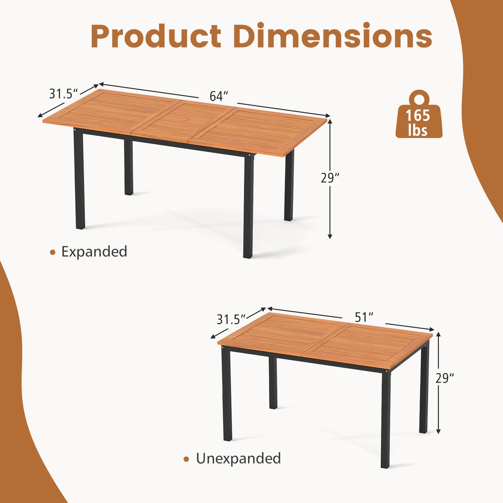 4-8 Person Extendable Solid Wood Dining Table with Umbrella Hole