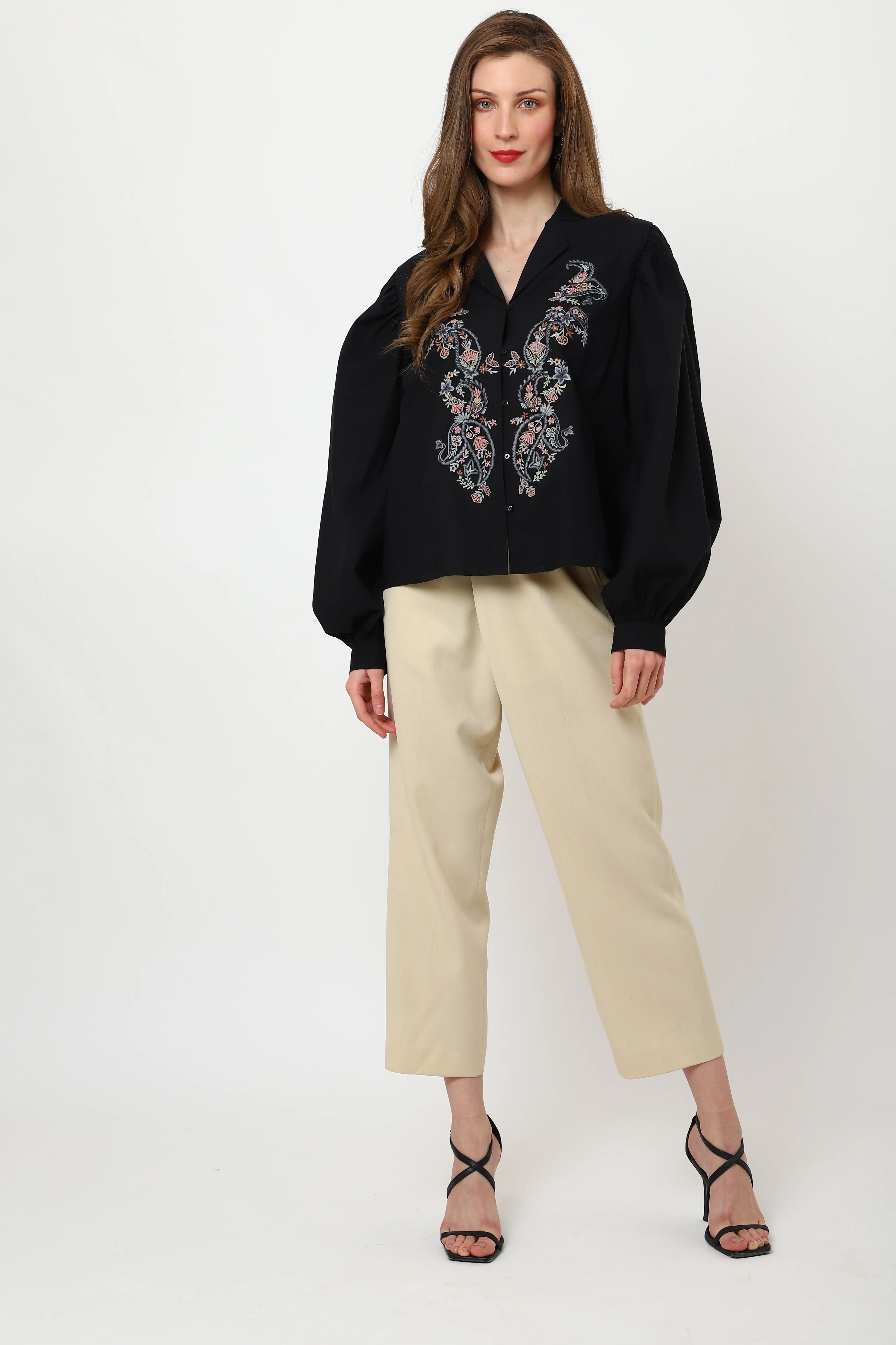 detailed embroidery black long sleeve top xs to 3xl