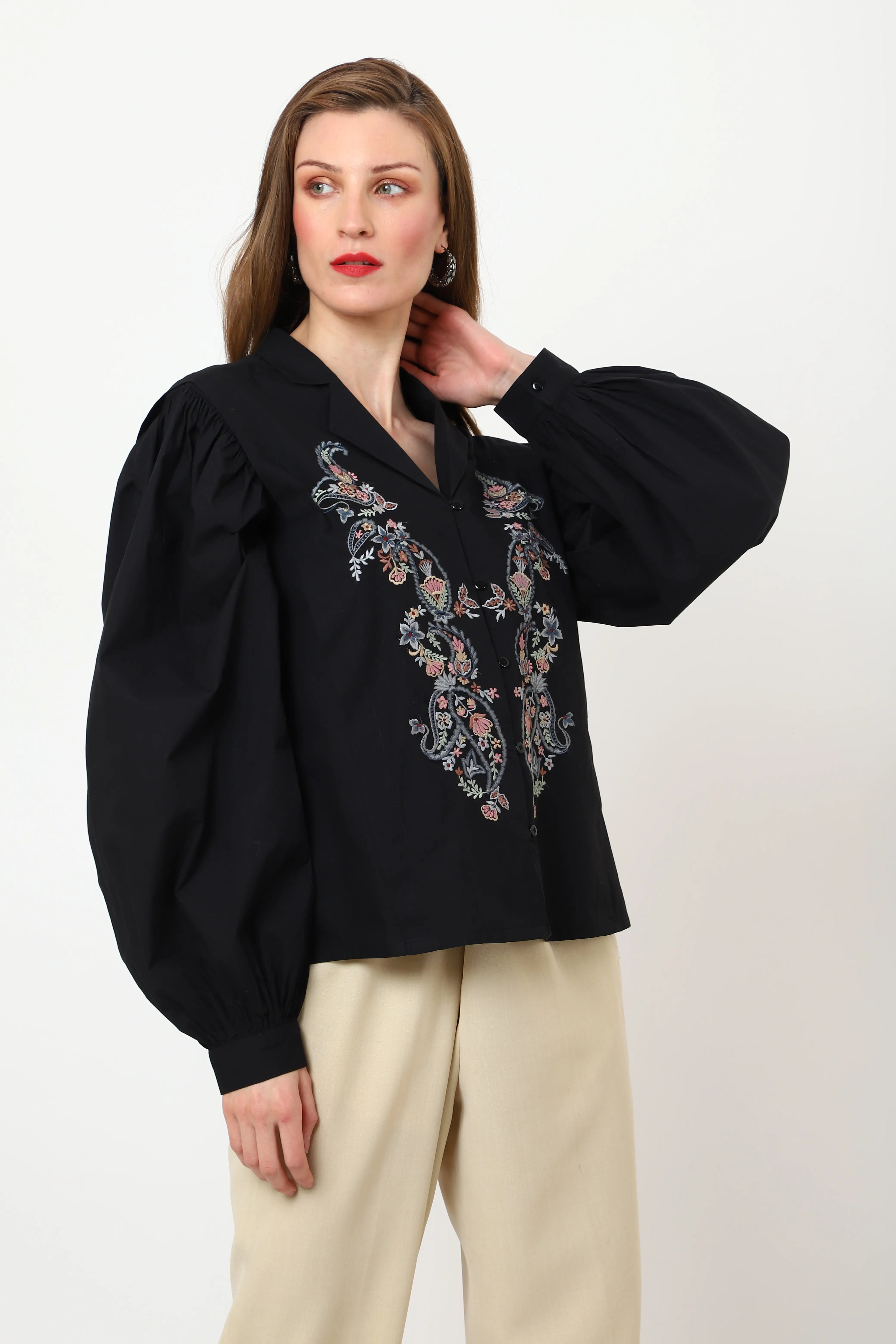 detailed embroidery black long sleeve top xs to 3xl