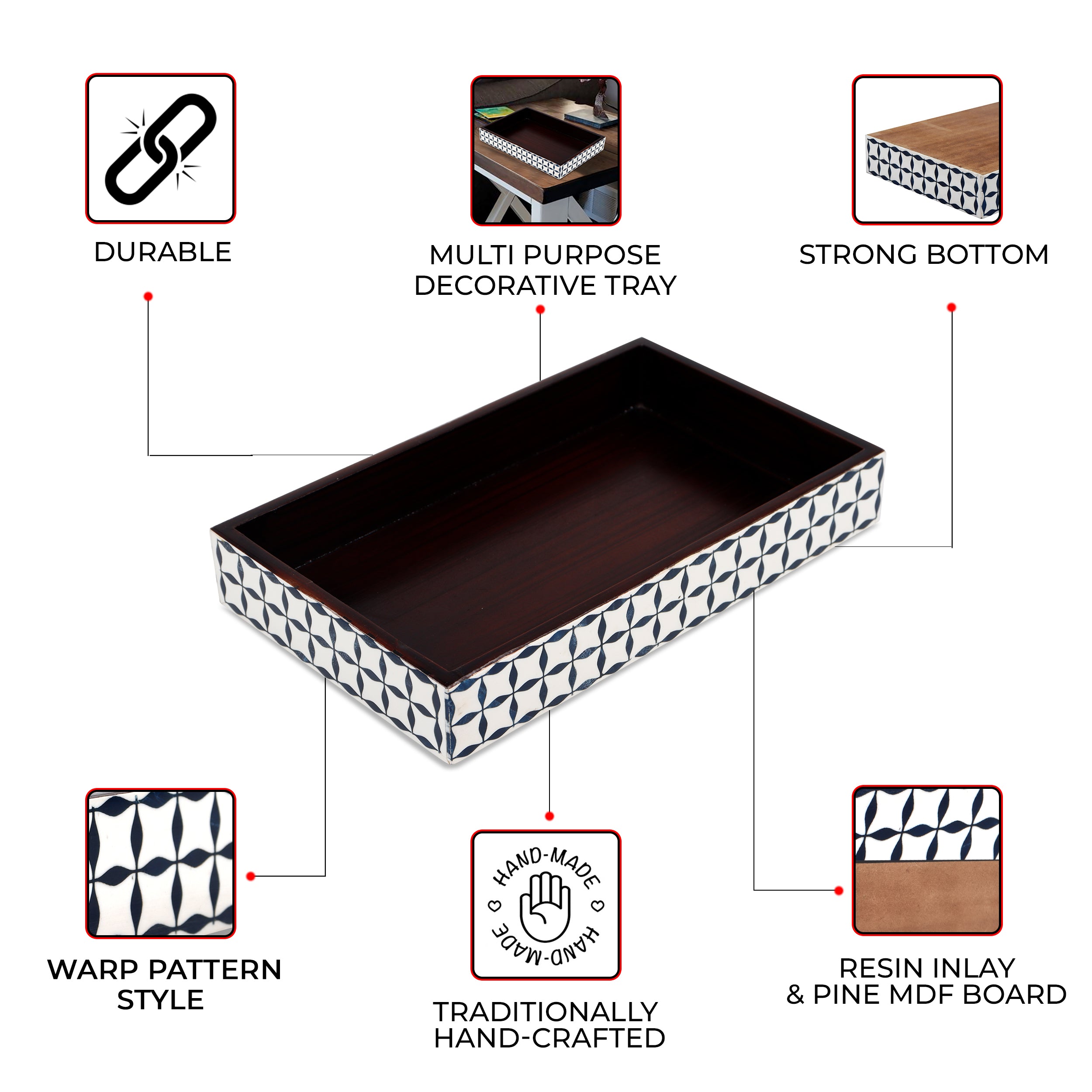 Vanity Trays illusion Wrap Collection Bone & Resin Inlay, Black-White, 10" x 6"