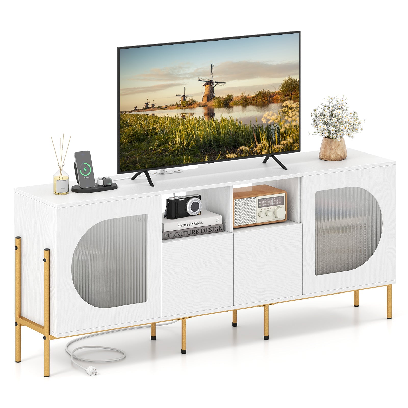 TV Stand for 70 Inch TV with Power Outlets Drawers and Open Shelves-White
