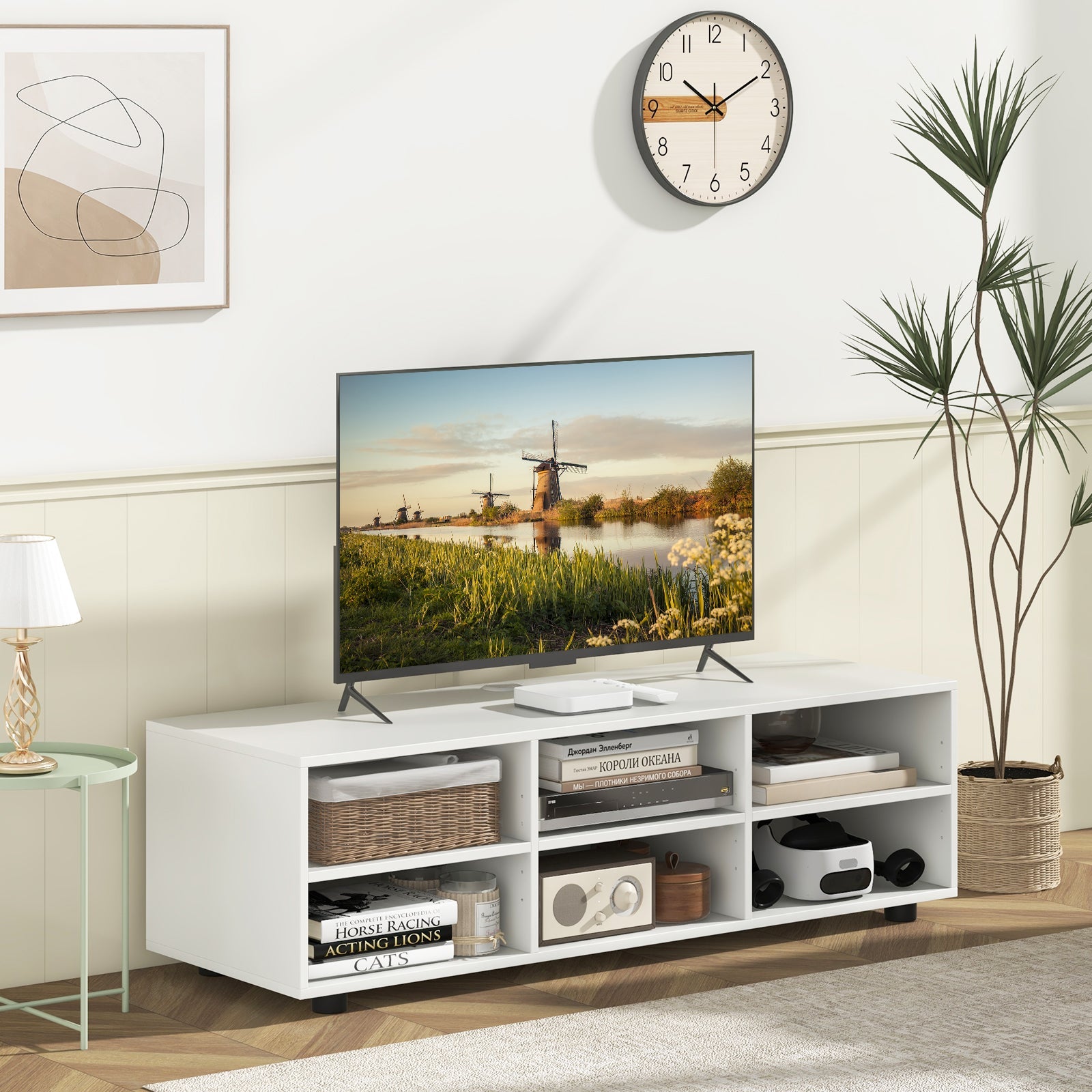 TV Stand for TV up to 55 Inch with 6 Storage Compartments-White