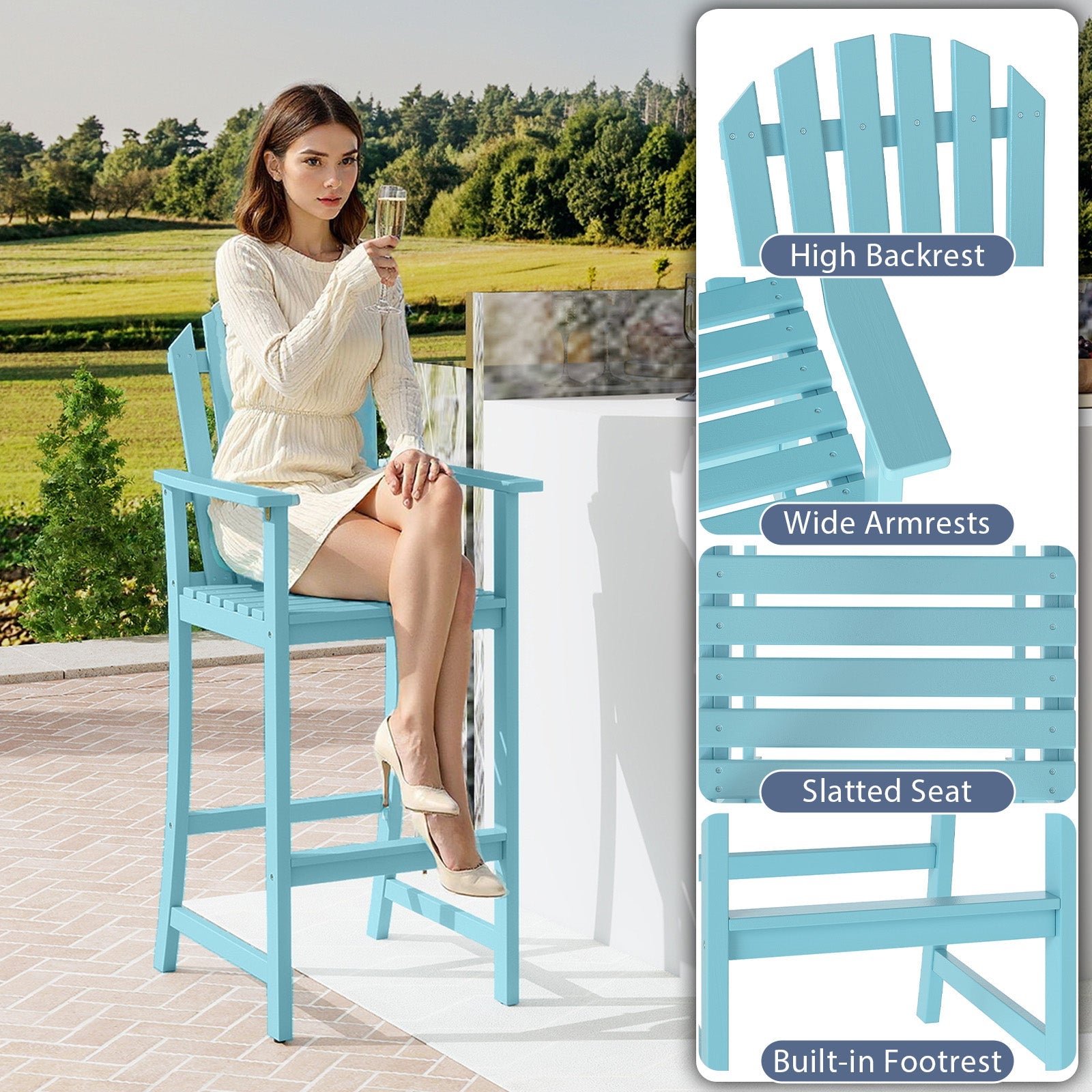 Tall Adirondack Chair with Armrests and Footrest for Deck