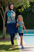 Marina Girls Modest Swimwear - Colorful/Navy Blue - K2403