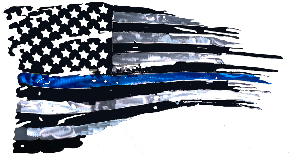 Tattered Thin Blue Line American Flag Custom Metal Wall Art / Back The Blue American Flag