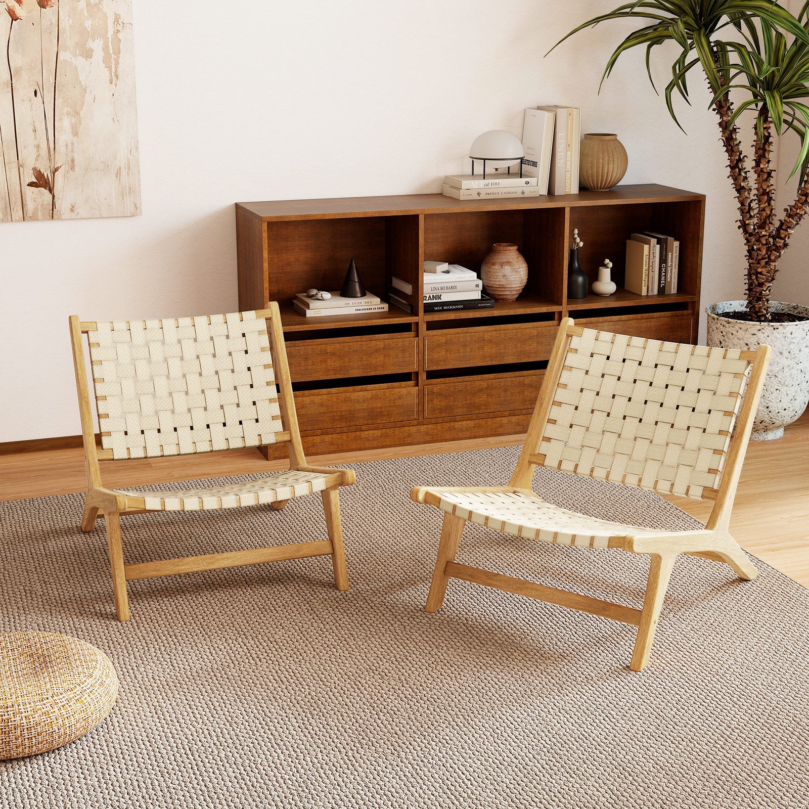Teak Wood Patio Chair Armless with Webbing Seat and Backrest-Natural