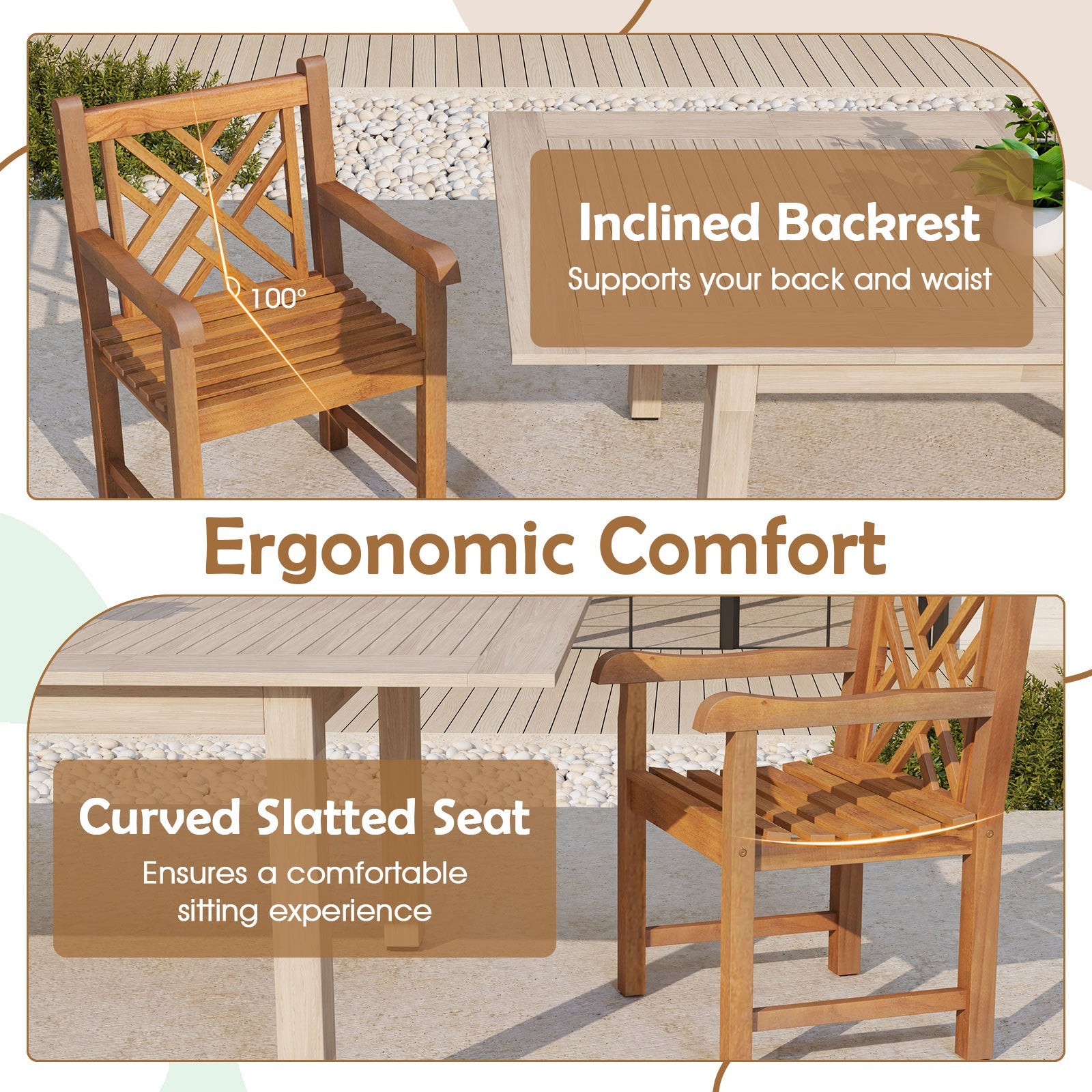 Teak Wood Patio Dining Chair with Slatted Seat Cross-Rhombus Backrest and Solid Legs