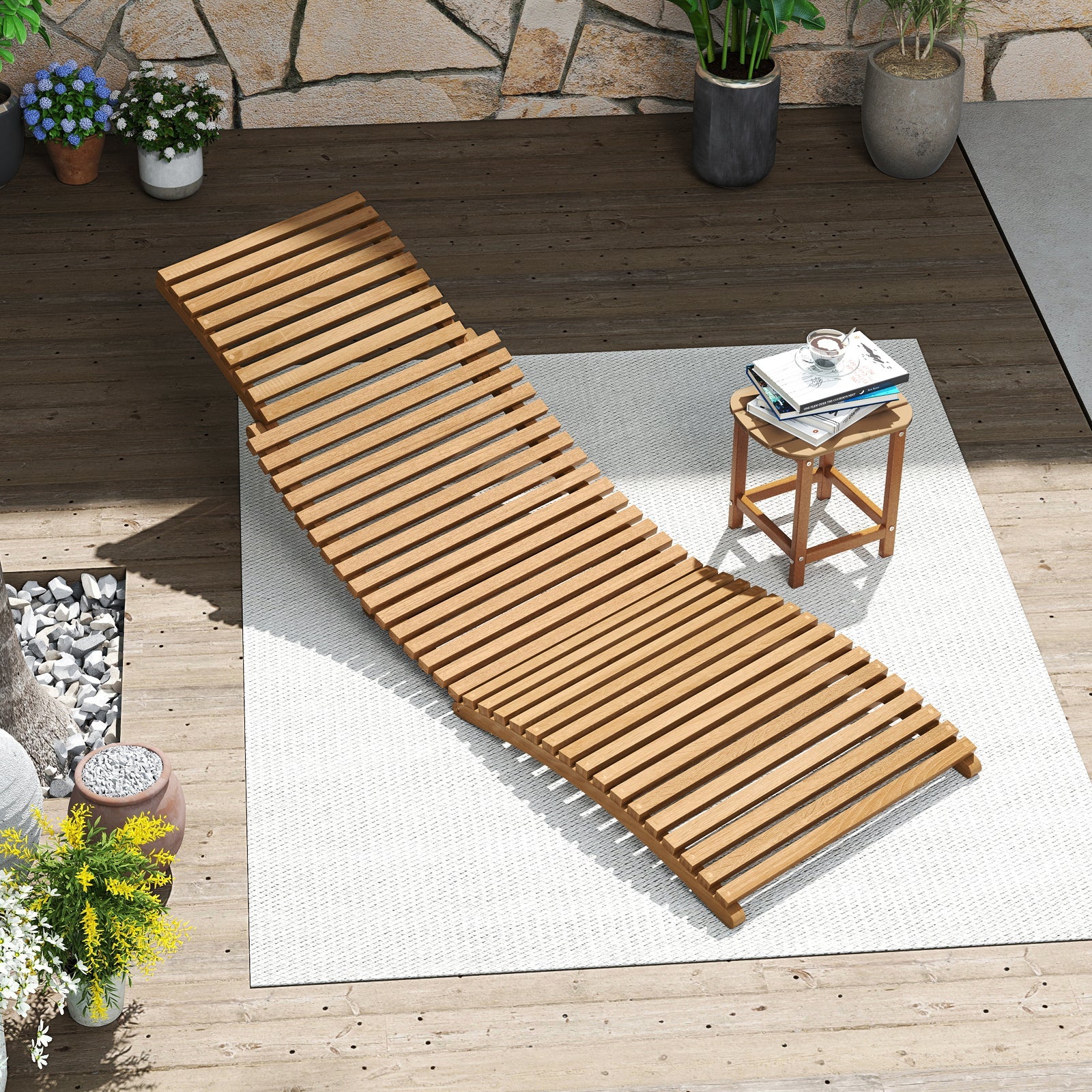 Teak Wood Patio Folding Chaise Lounge Chair with Slatted Seat