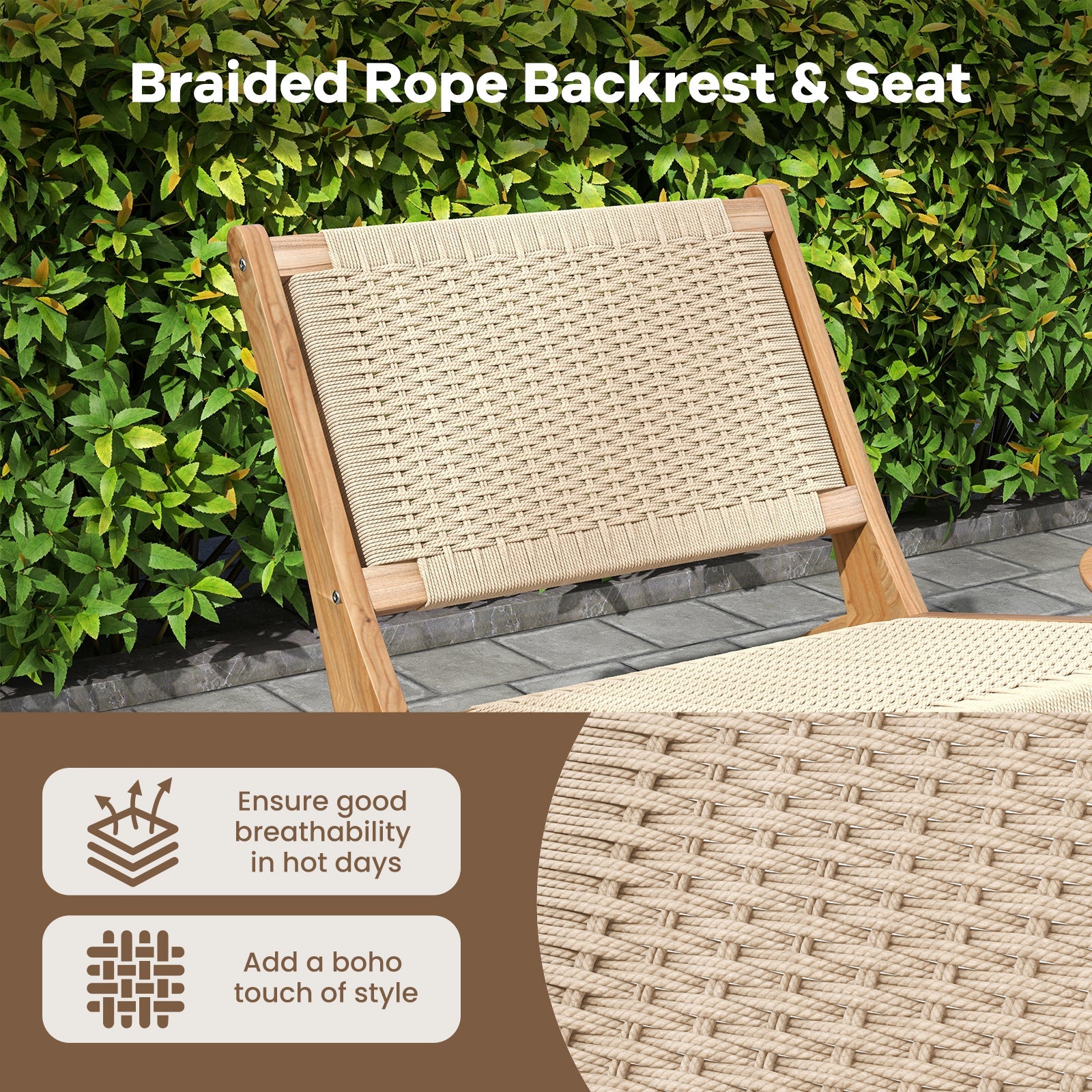 Teak Wooden Chair with Braided Rope Seat and Backrest for Backyard