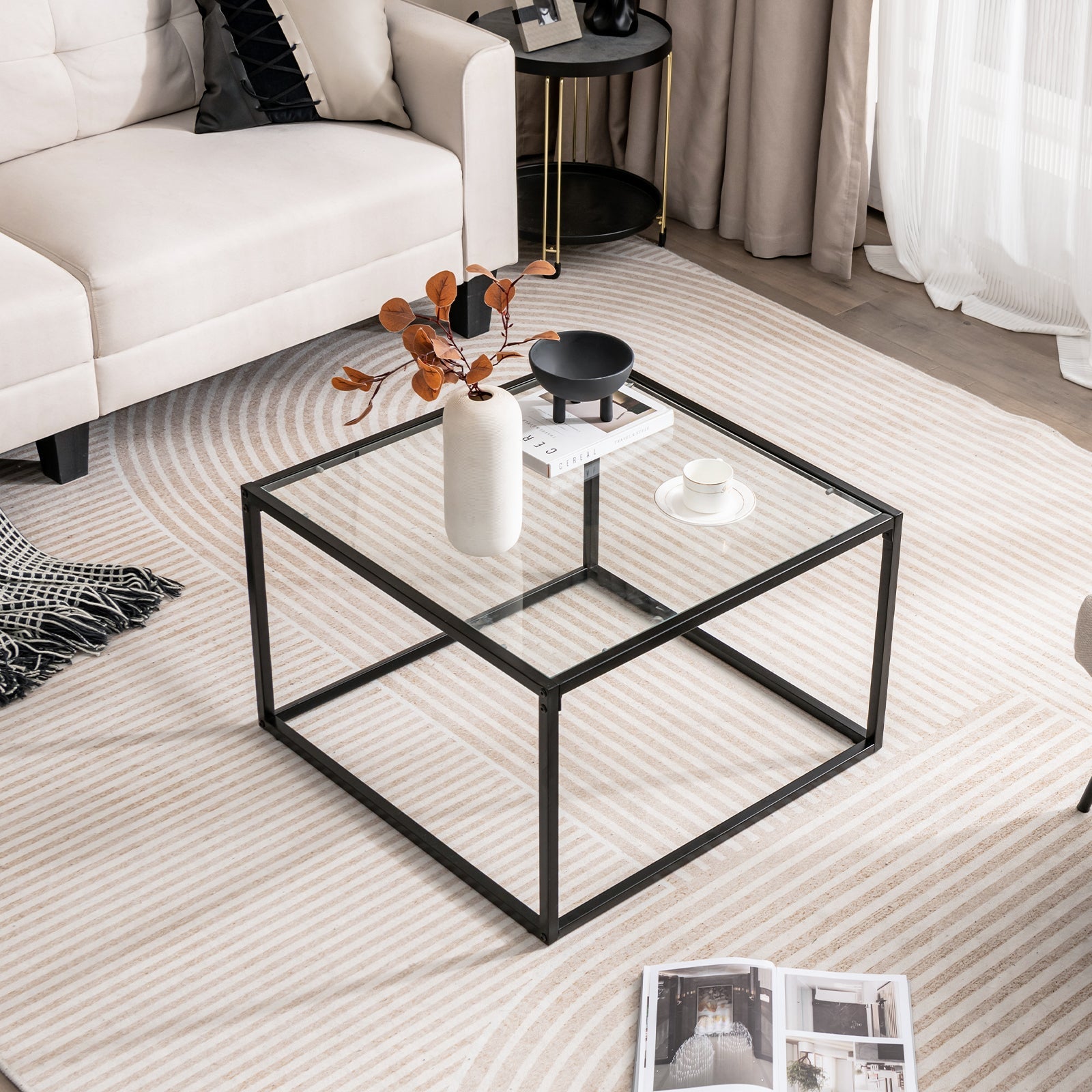 27.5 Inch Home Square Tea Table with Heavy-duty Metal Frame
