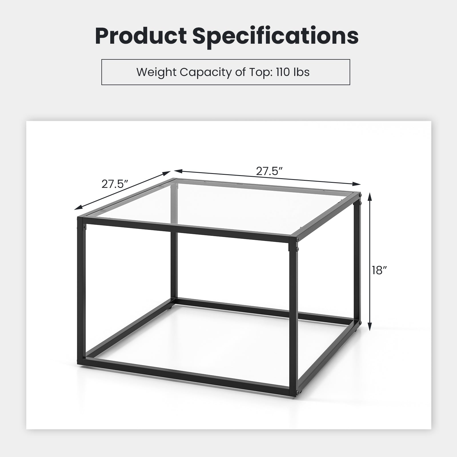 27.5 Inch Home Square Tea Table with Heavy-duty Metal Frame