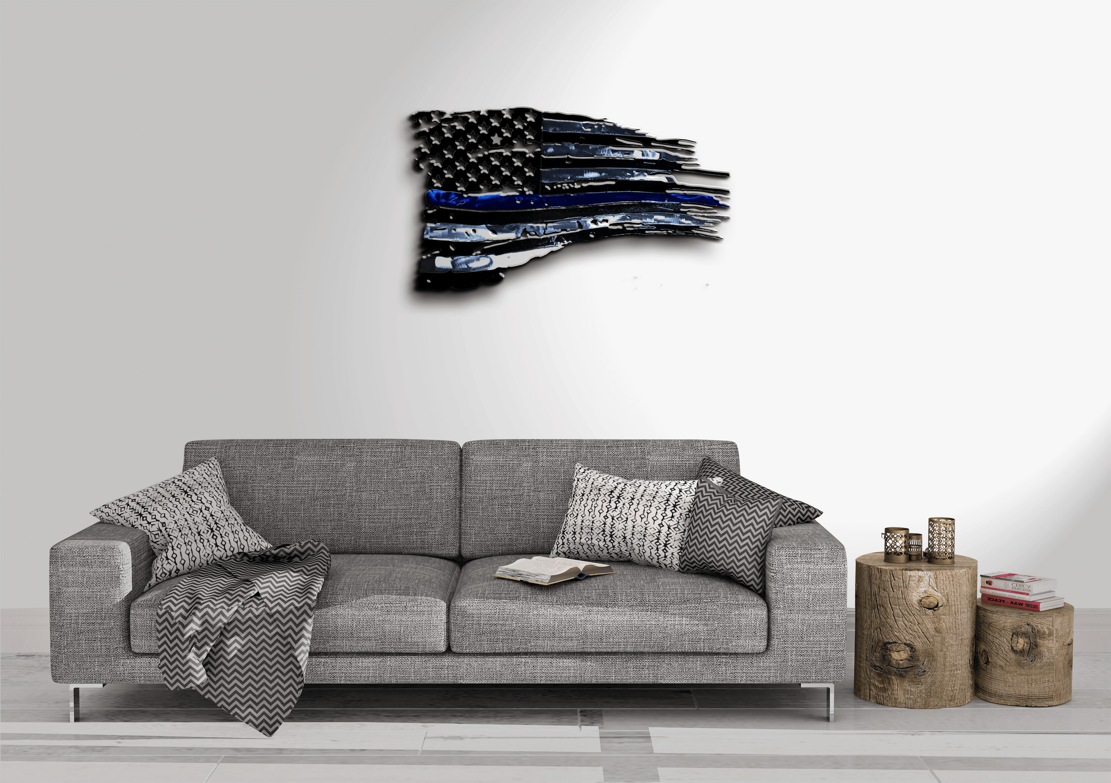 Tattered Thin Blue Line American Flag Custom Metal Wall Art / Back The Blue American Flag