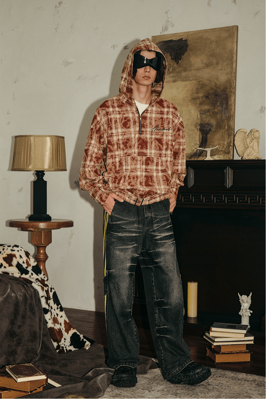 Tie-Dye Hoodie - Half-Zip Belted Checkered Loungewear