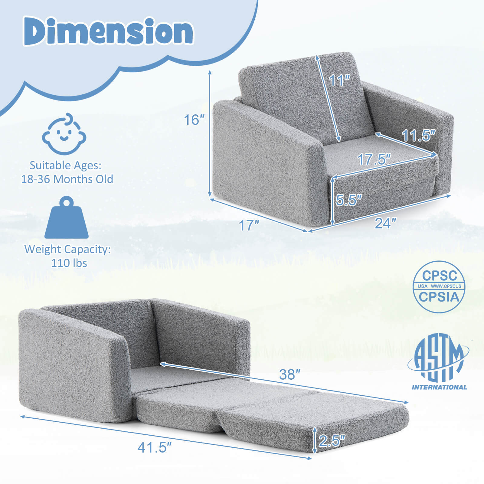 2-in-1 Children’s Convertible Sofa to Lounger-L