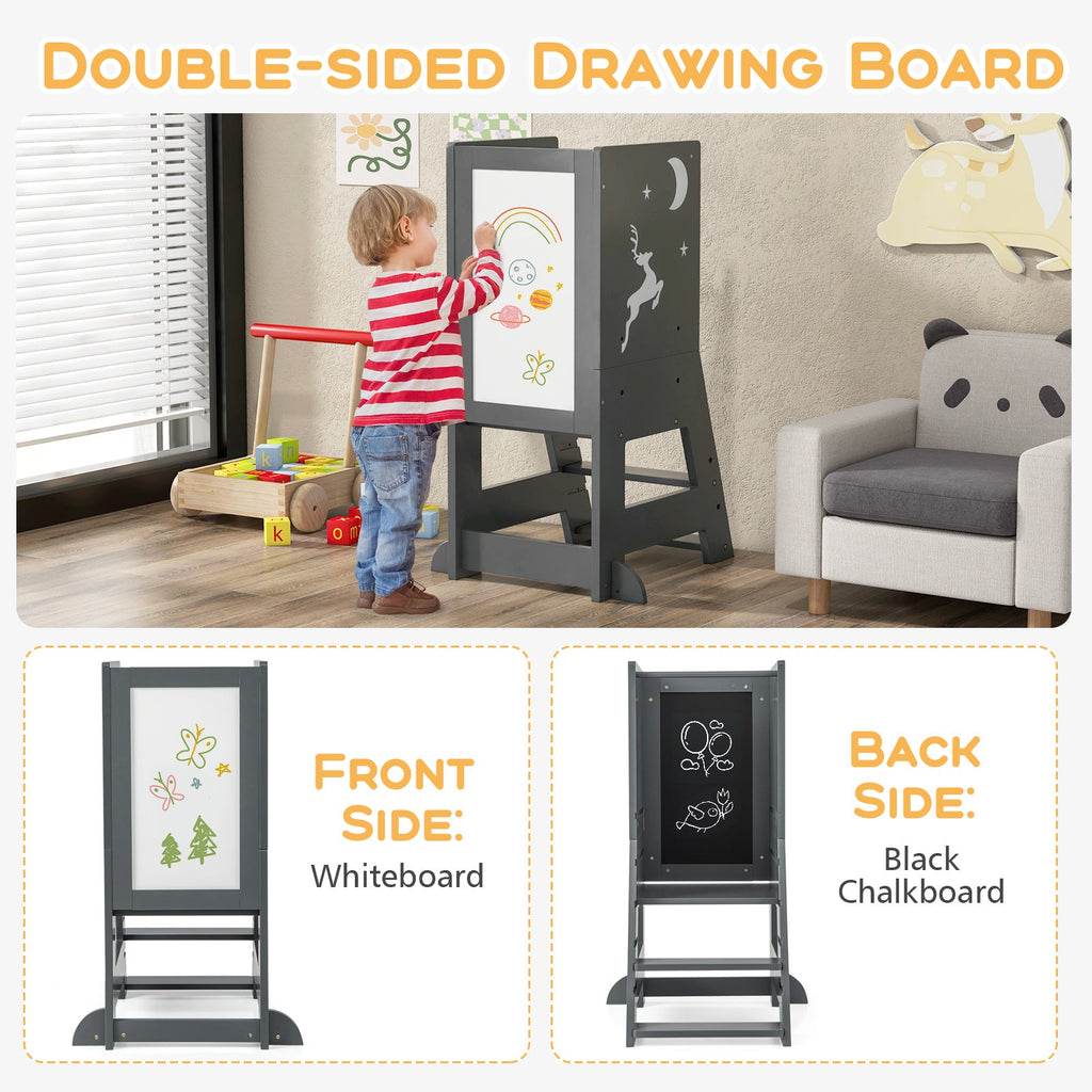 Toddler Kitchen Stool Baby Standing Tower with Chalkboard and Whiteboard