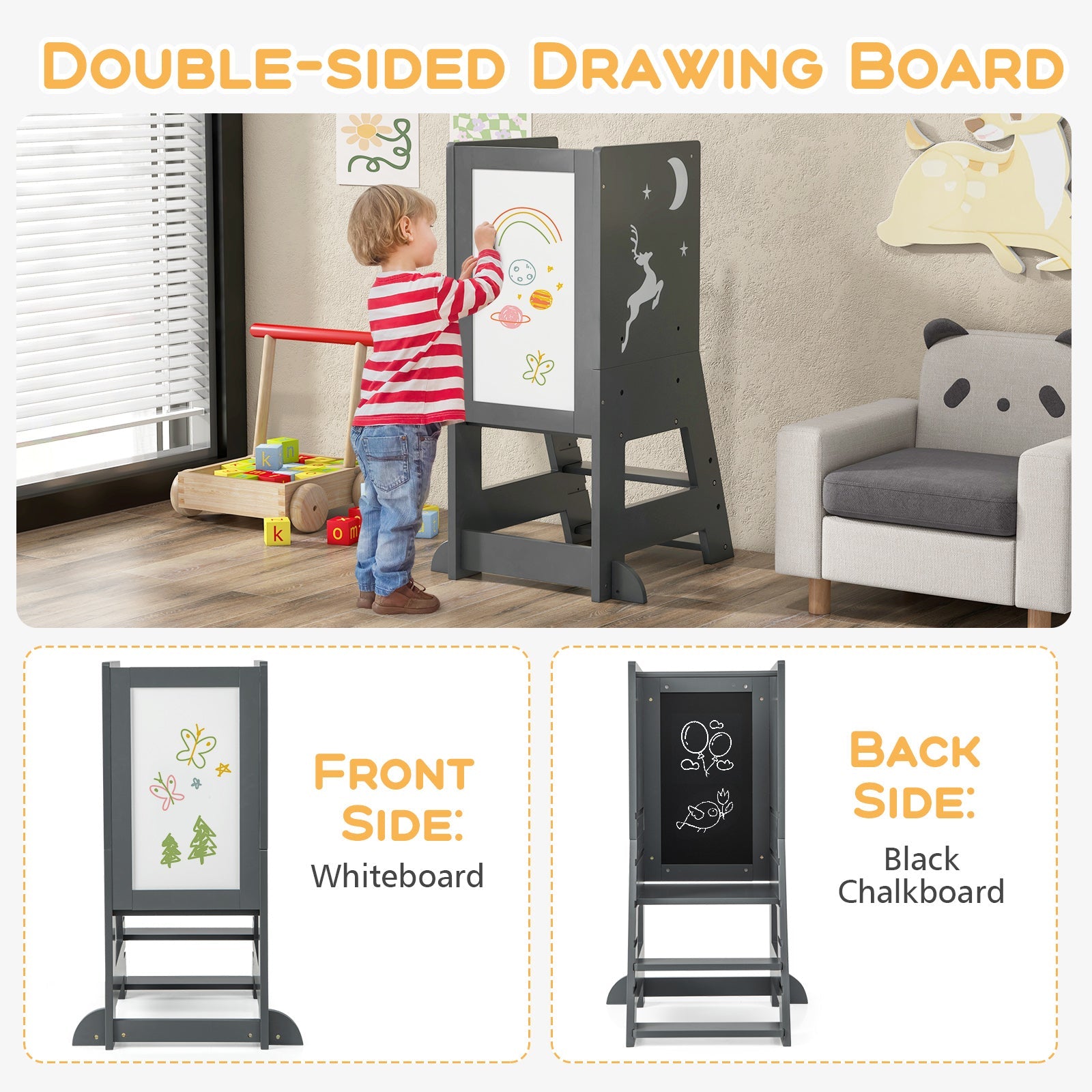 Toddler Kitchen Stool Baby Standing Tower with Chalkboard and Whiteboard