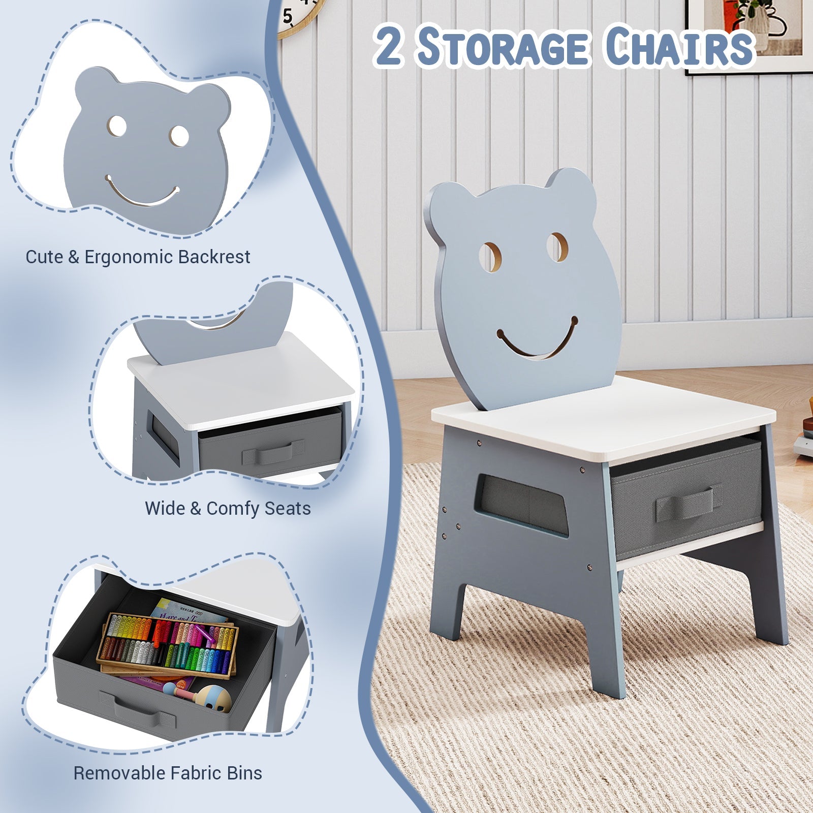 Toddler Table and 2 Chairs 5-in-1 Cute Art Desk Set with Reversible Chalkboard Whiteboard