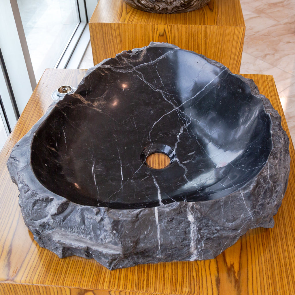 Black Marble Natural Stone Handcrafted Vessel Sink 31 x 23 x 6 Inches Modern Contemporary