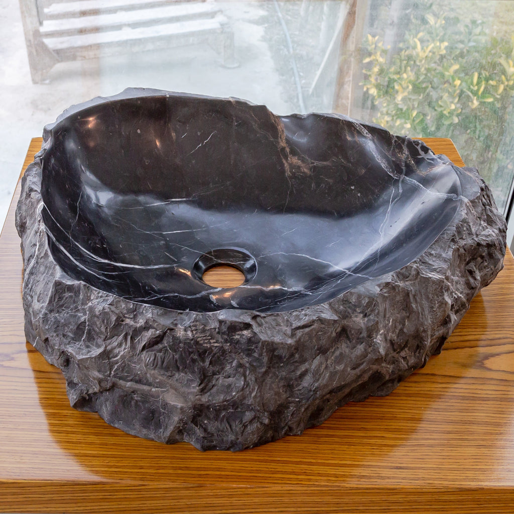 Black Marble Natural Stone Handcrafted Vessel Sink 31 x 23 x 6 Inches Modern Contemporary