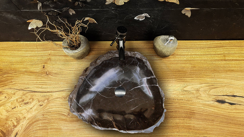Black Marble Natural Stone Handcrafted Vessel Sink 31 x 23 x 6 Inches Modern Contemporary