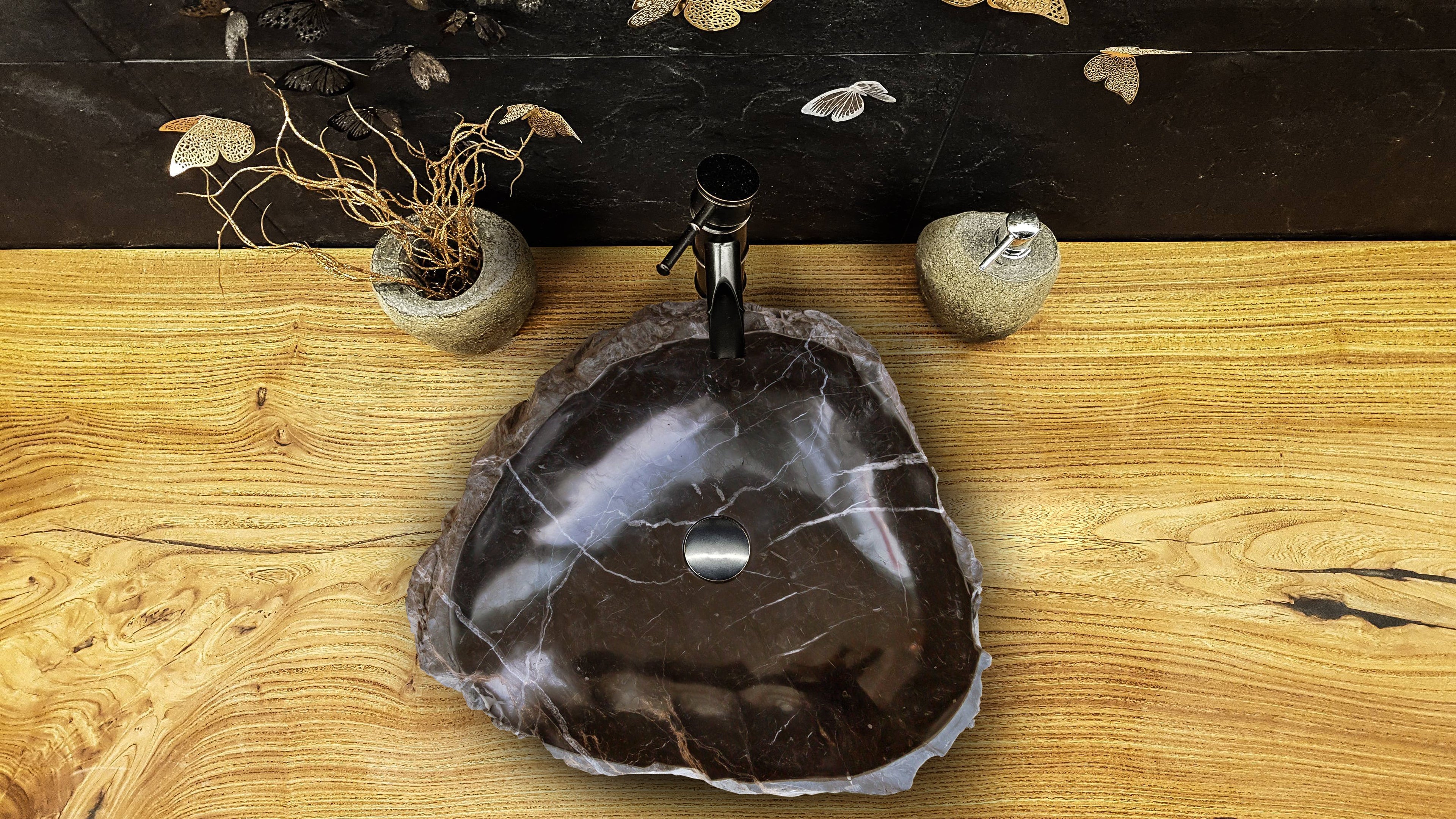 Black Marble Natural Stone Handcrafted Vessel Sink 31 x 23 x 6 Inches Modern Contemporary