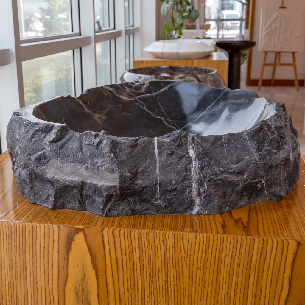 Black Marble Natural Stone Handcrafted Vessel Sink 31 x 23 x 6 Inches Modern Contemporary