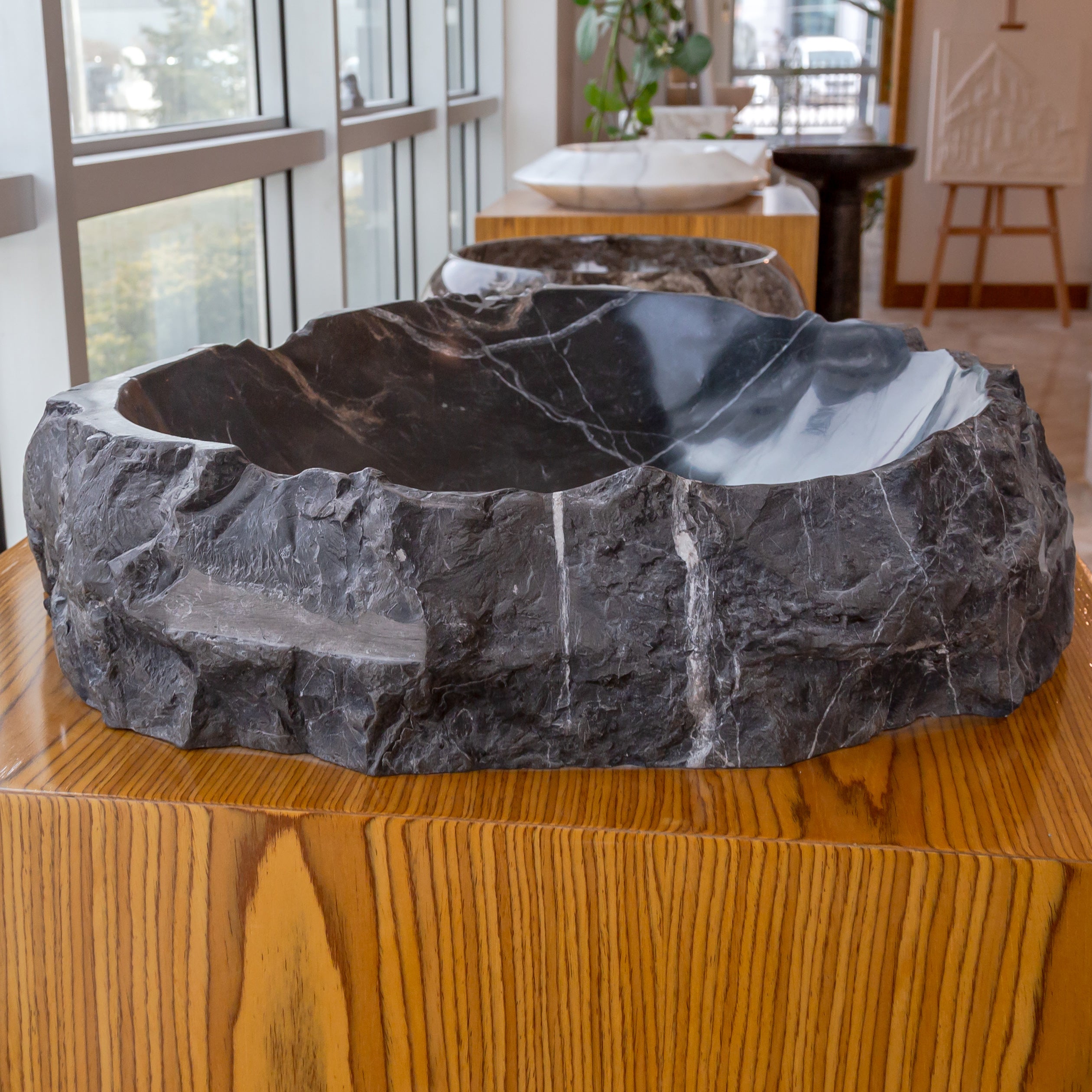 Black Marble Natural Stone Handcrafted Vessel Sink 31 x 23 x 6 Inches Modern Contemporary