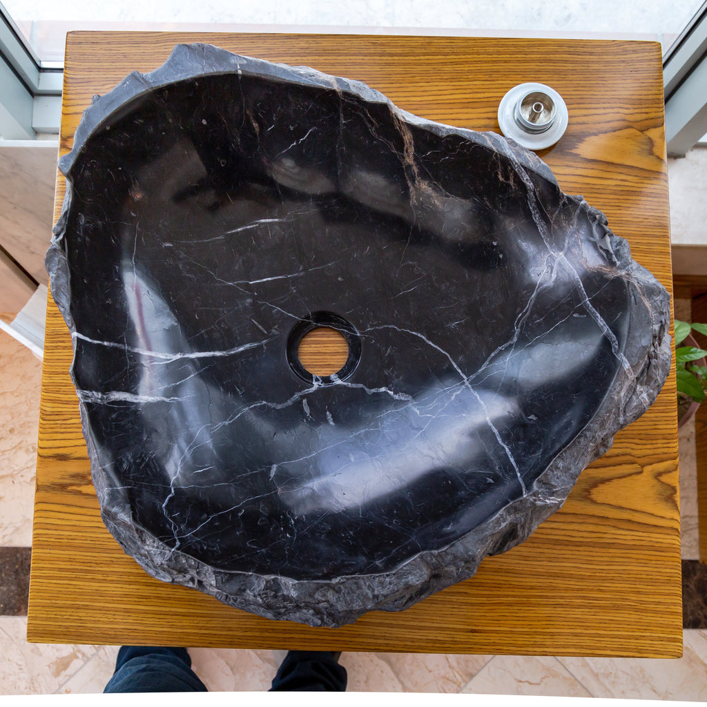 Black Marble Natural Stone Handcrafted Vessel Sink 31 x 23 x 6 Inches Modern Contemporary